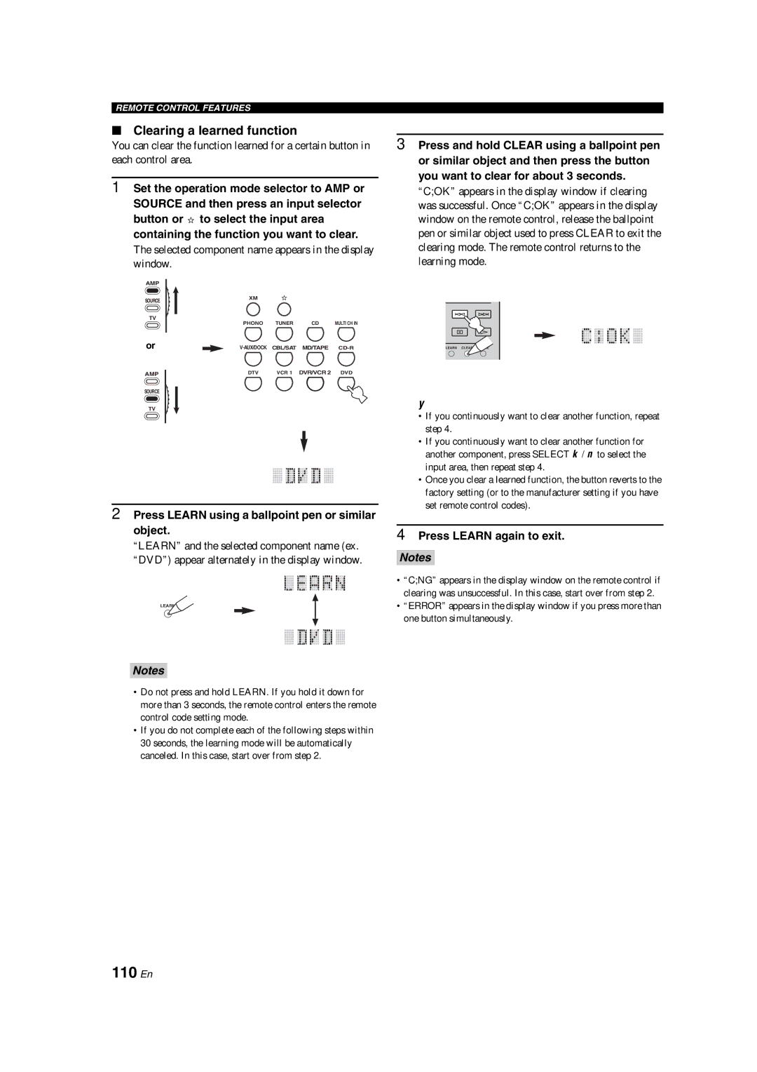 Yamaha HTR-6090 owner manual 110 En, Clearing a learned function, Selected component name appears in the display window 