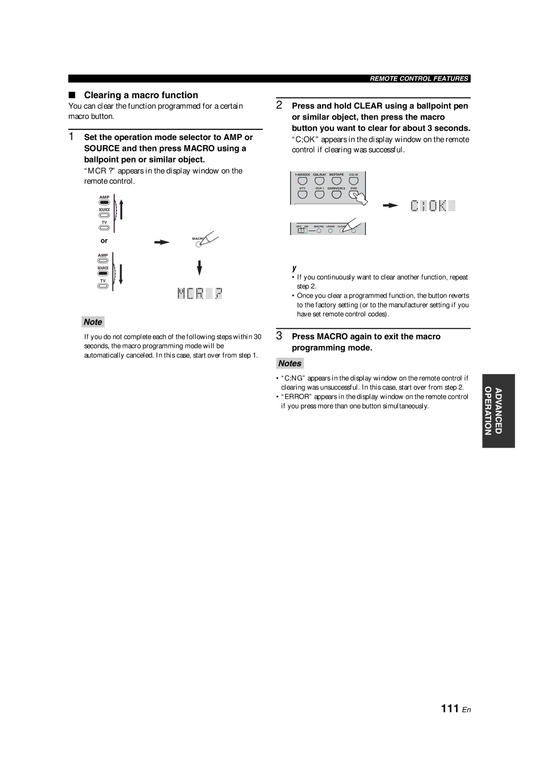 Yamaha HTR-6090 owner manual 111 En, Clearing a macro function, Press Macro again to exit the macro programming mode 