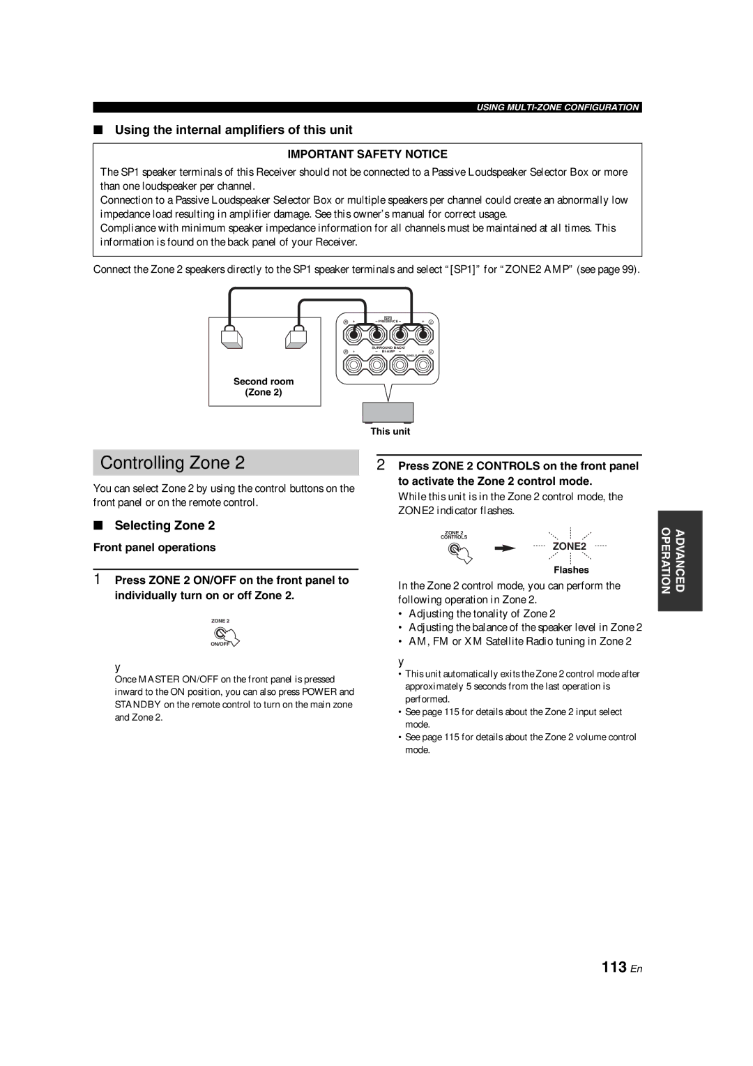 Yamaha HTR-6090 owner manual Controlling Zone, 113 En, Using the internal amplifiers of this unit, Selecting Zone 