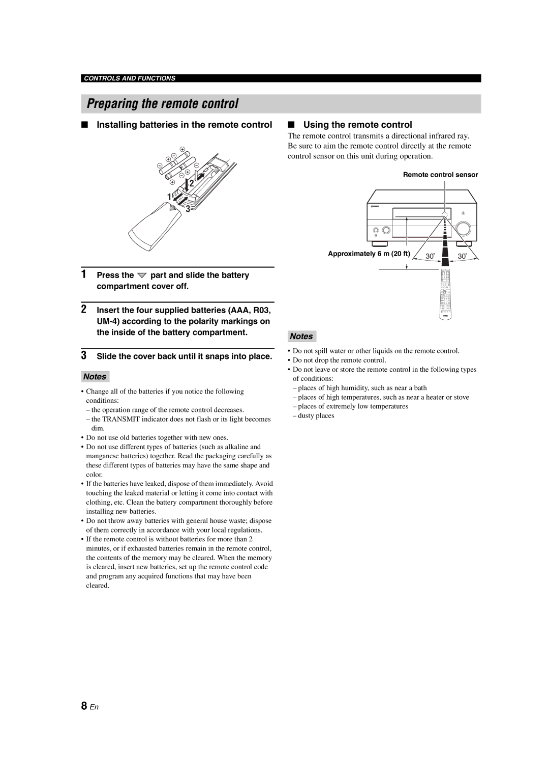 Yamaha HTR-6090 owner manual Preparing the remote control, Remote control sensor Approximately 6 m 20 ft 