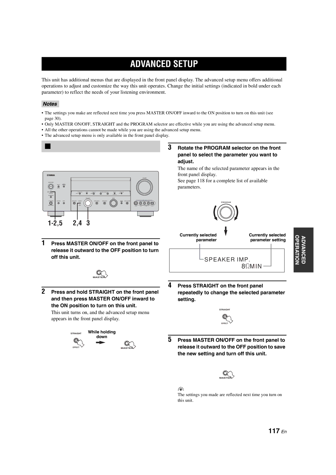 Yamaha HTR-6090 owner manual Advanced Setup, 117 En, Rotate the Program selector on the front, Adjust 