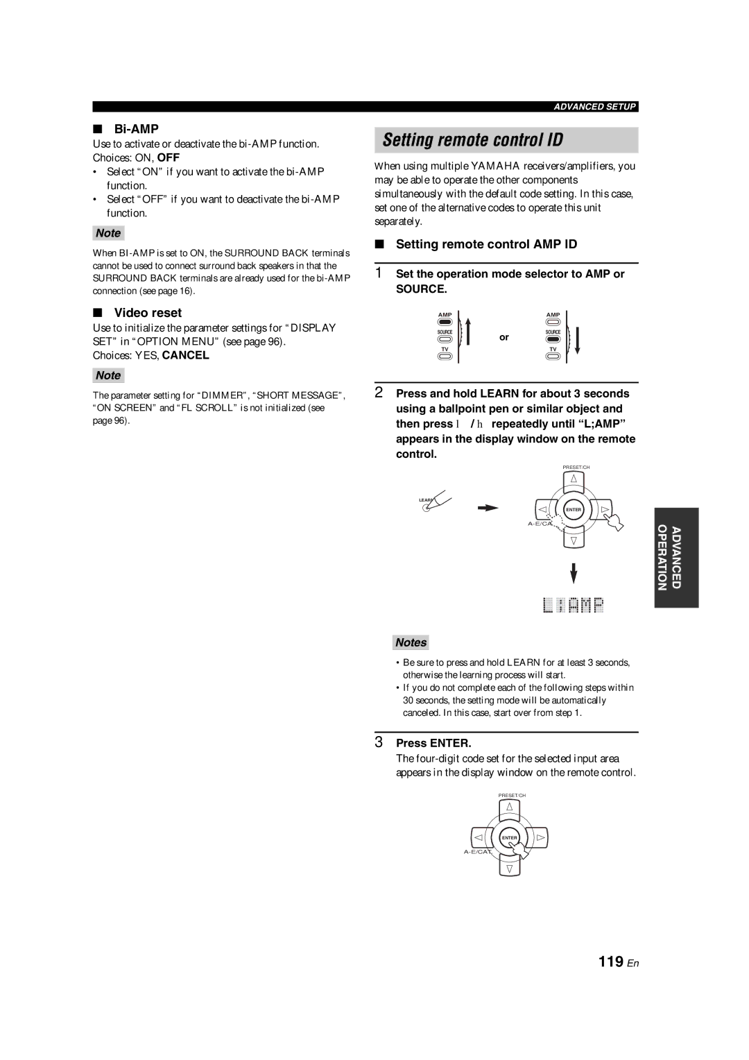 Yamaha HTR-6090 Setting remote control ID, 119 En, Bi-AMP BI-AMP, Video reset Video Reset, Setting remote control AMP ID 