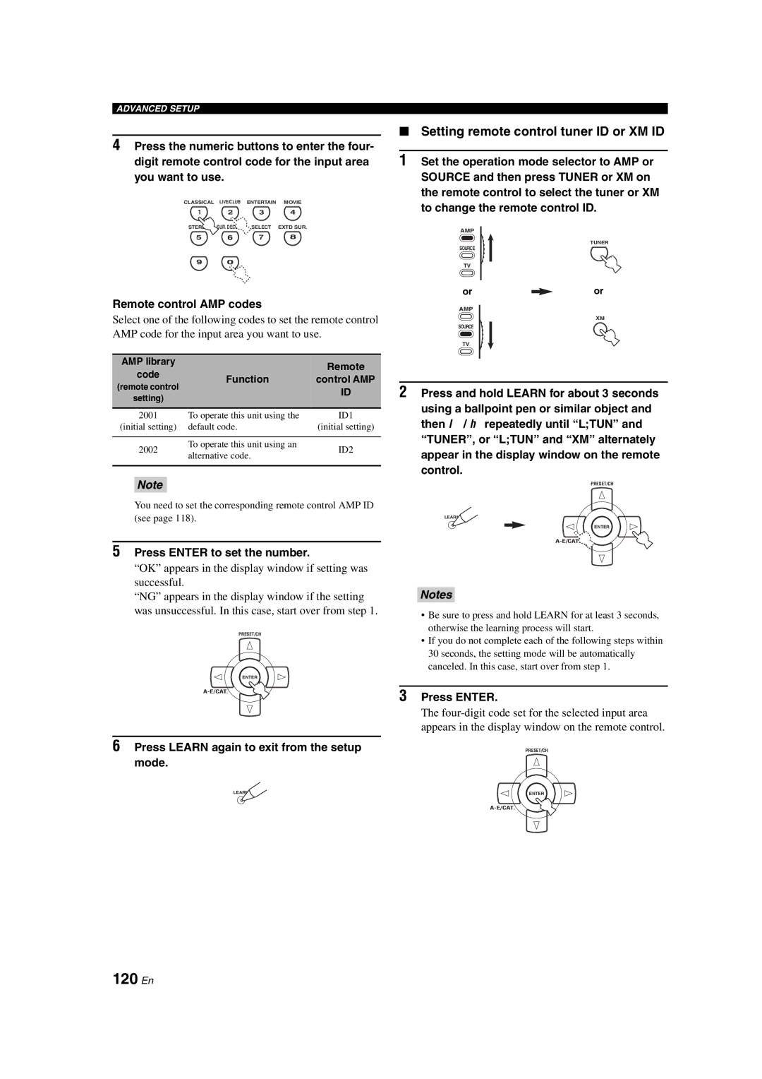 Yamaha HTR-6090 owner manual 120 En, Setting remote control tuner ID or XM ID, Remote control AMP codes, Control AMP 