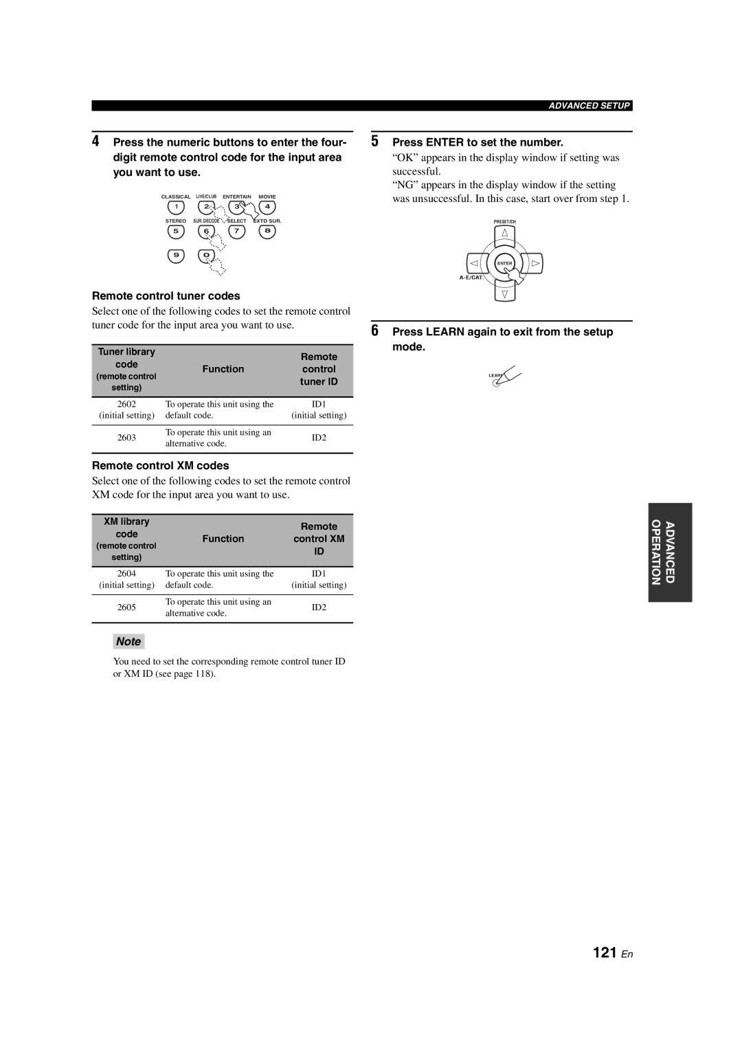 Yamaha HTR-6090 owner manual 121 En, Remote control tuner codes, Remote control XM codes 