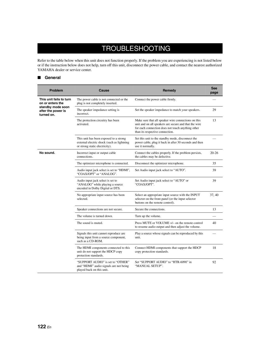 Yamaha HTR-6090 owner manual Troubleshooting, 122 En, General 