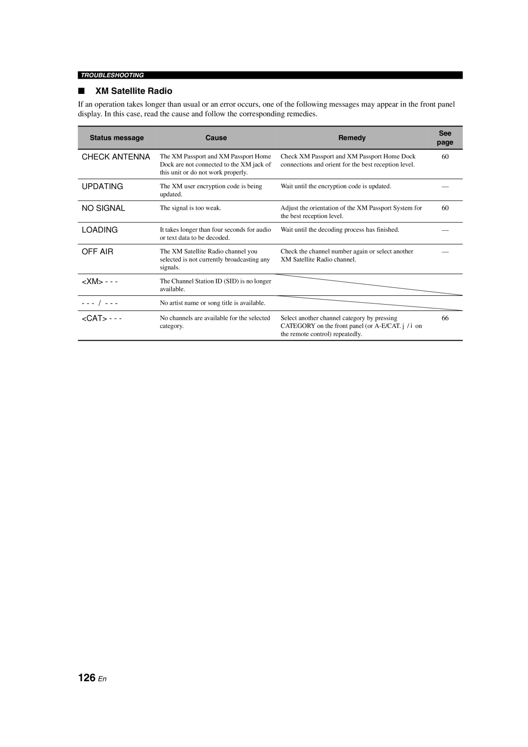 Yamaha HTR-6090 owner manual 126 En, XM Satellite Radio 