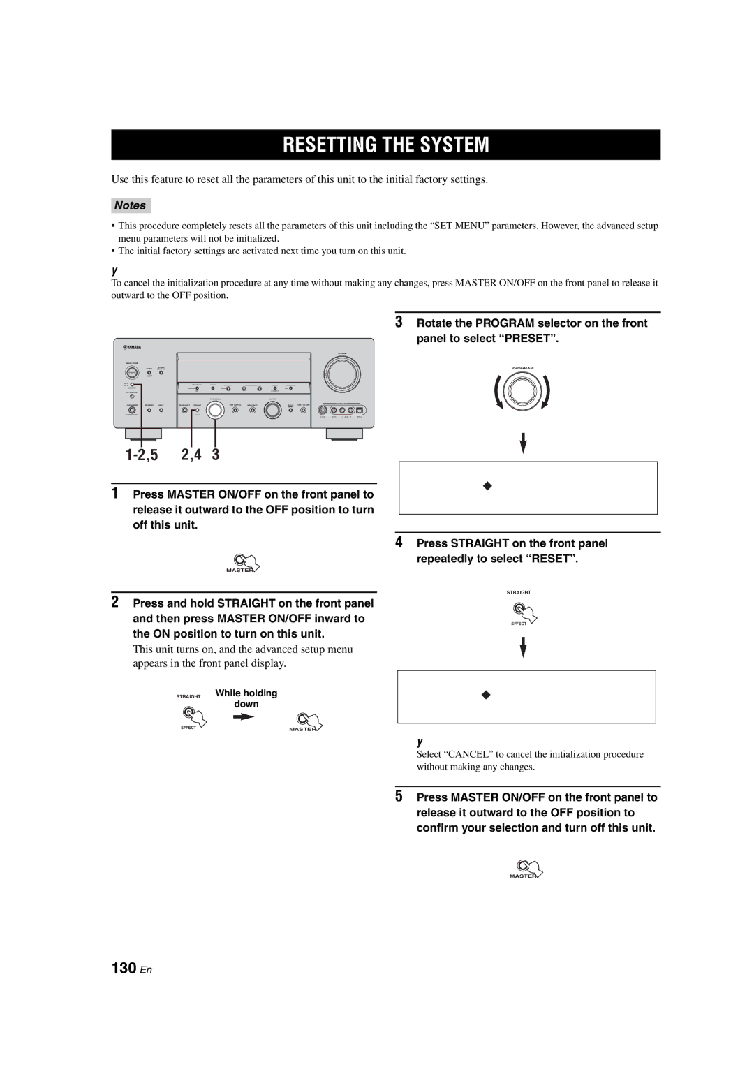 Yamaha HTR-6090 owner manual Resetting the System, 130 En, Panel to select Preset, While holding 