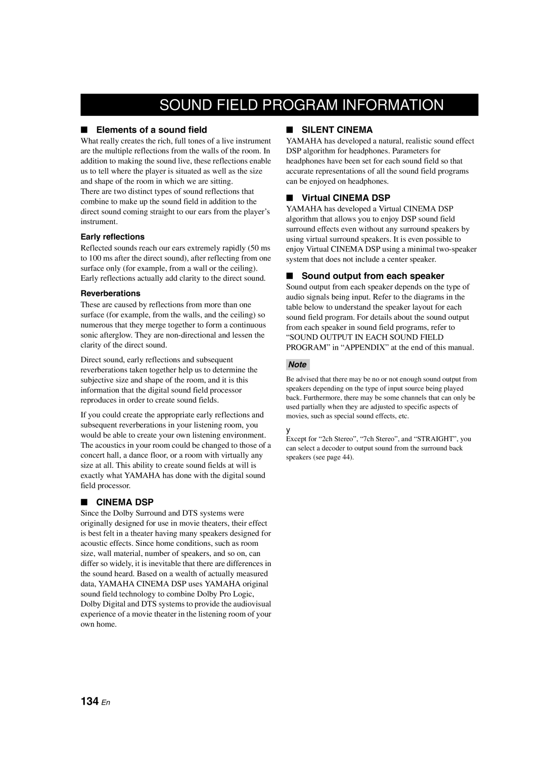 Yamaha HTR-6090 owner manual Sound Field Program Information, 134 En, Elements of a sound field, Virtual Cinema DSP 