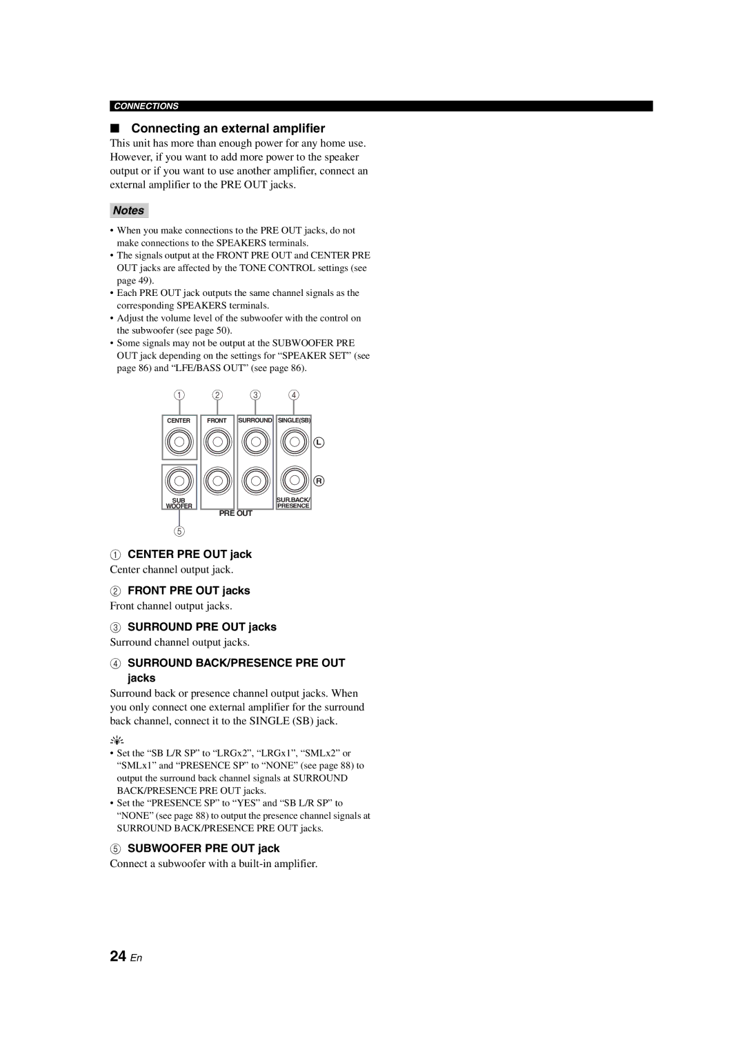 Yamaha HTR-6090 owner manual 24 En, Connecting an external amplifier 