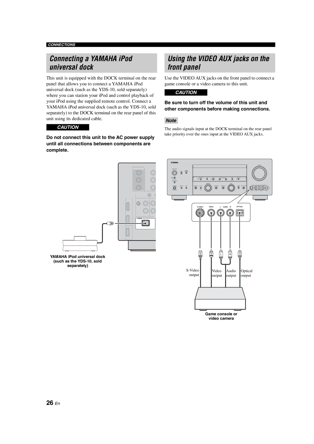 Yamaha HTR-6090 owner manual Using the Video AUX jacks on the front panel, 26 En, Game console or Video camera 