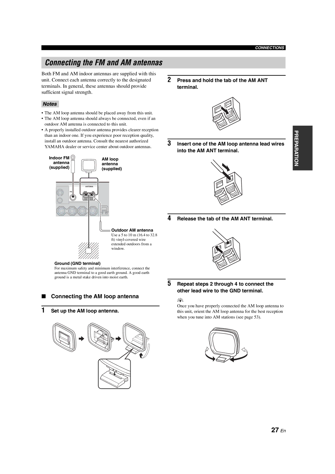 Yamaha HTR-6090 owner manual Connecting the FM and AM antennas, 27 En, Connecting the AM loop antenna 