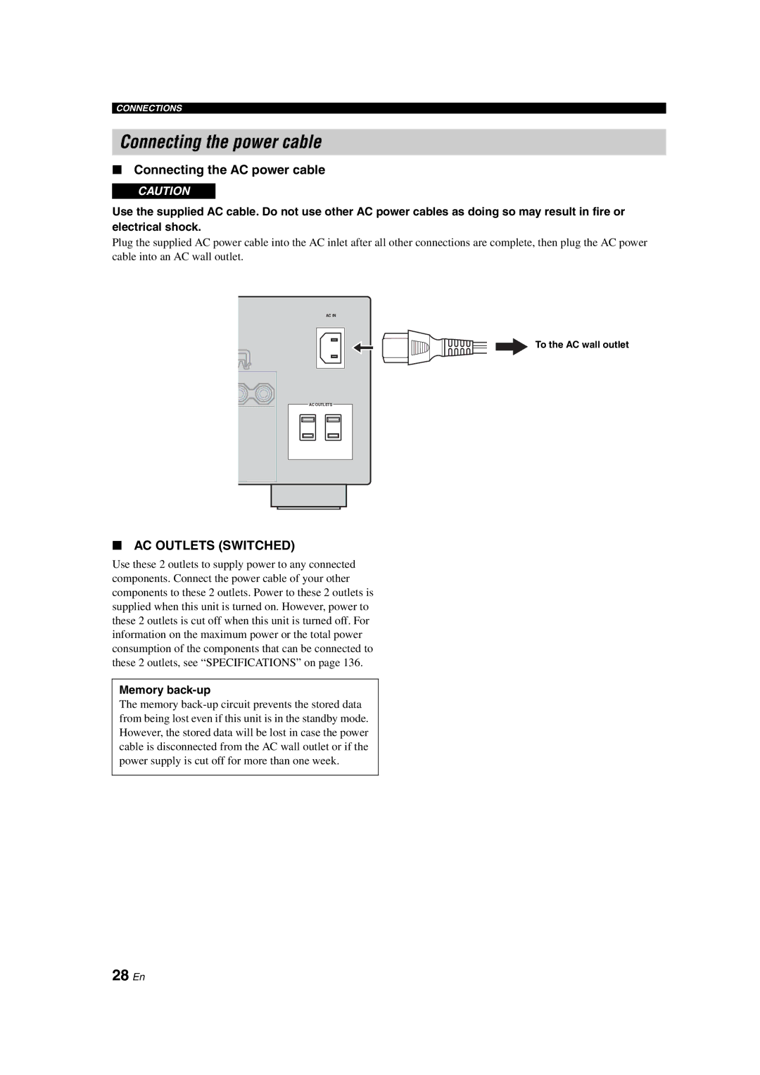 Yamaha HTR-6090 Connecting the power cable, 28 En, Connecting the AC power cable, Memory back-up, To the AC wall outlet 