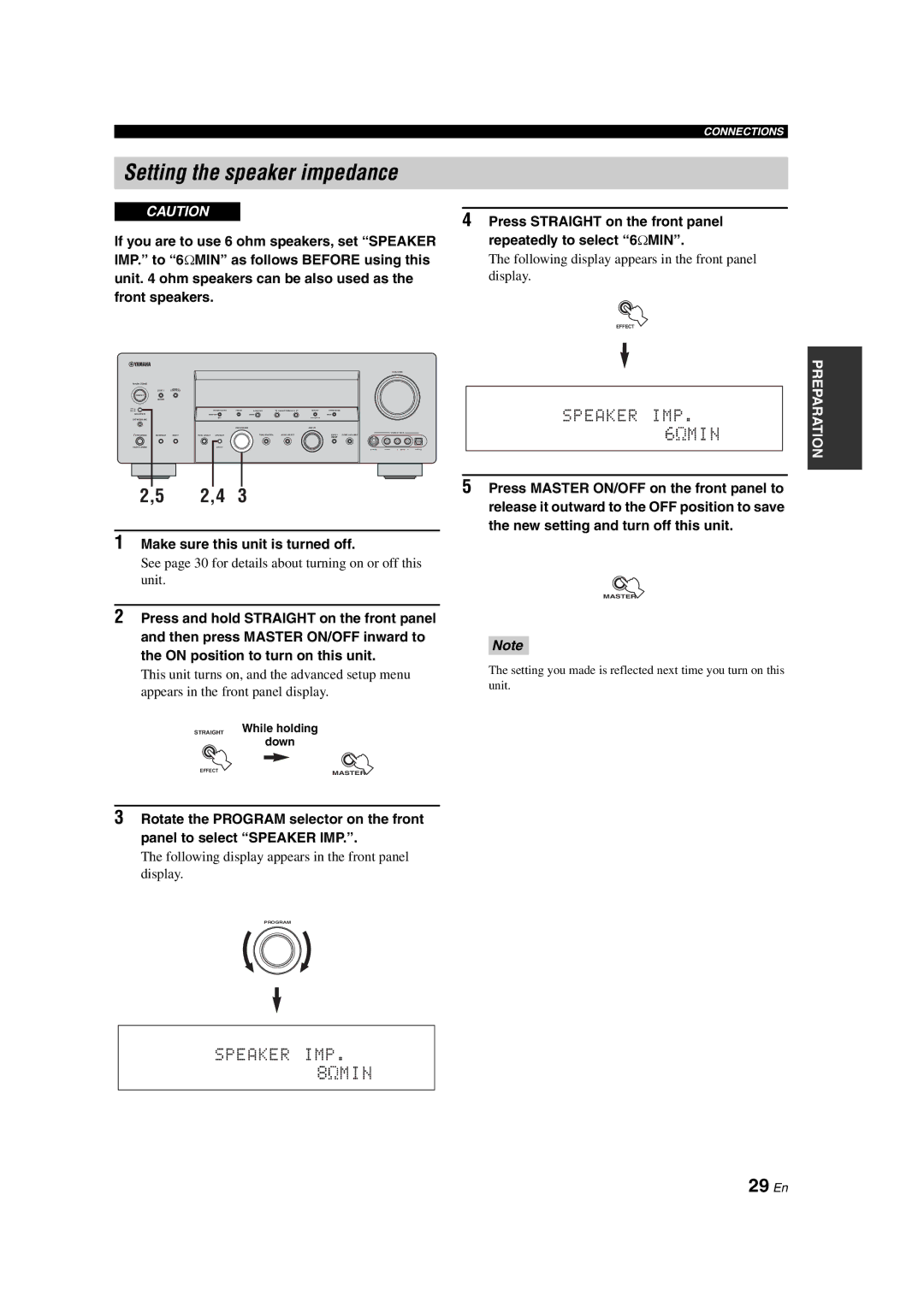 Yamaha HTR-6090 owner manual Setting the speaker impedance, 29 En, Make sure this unit is turned off 