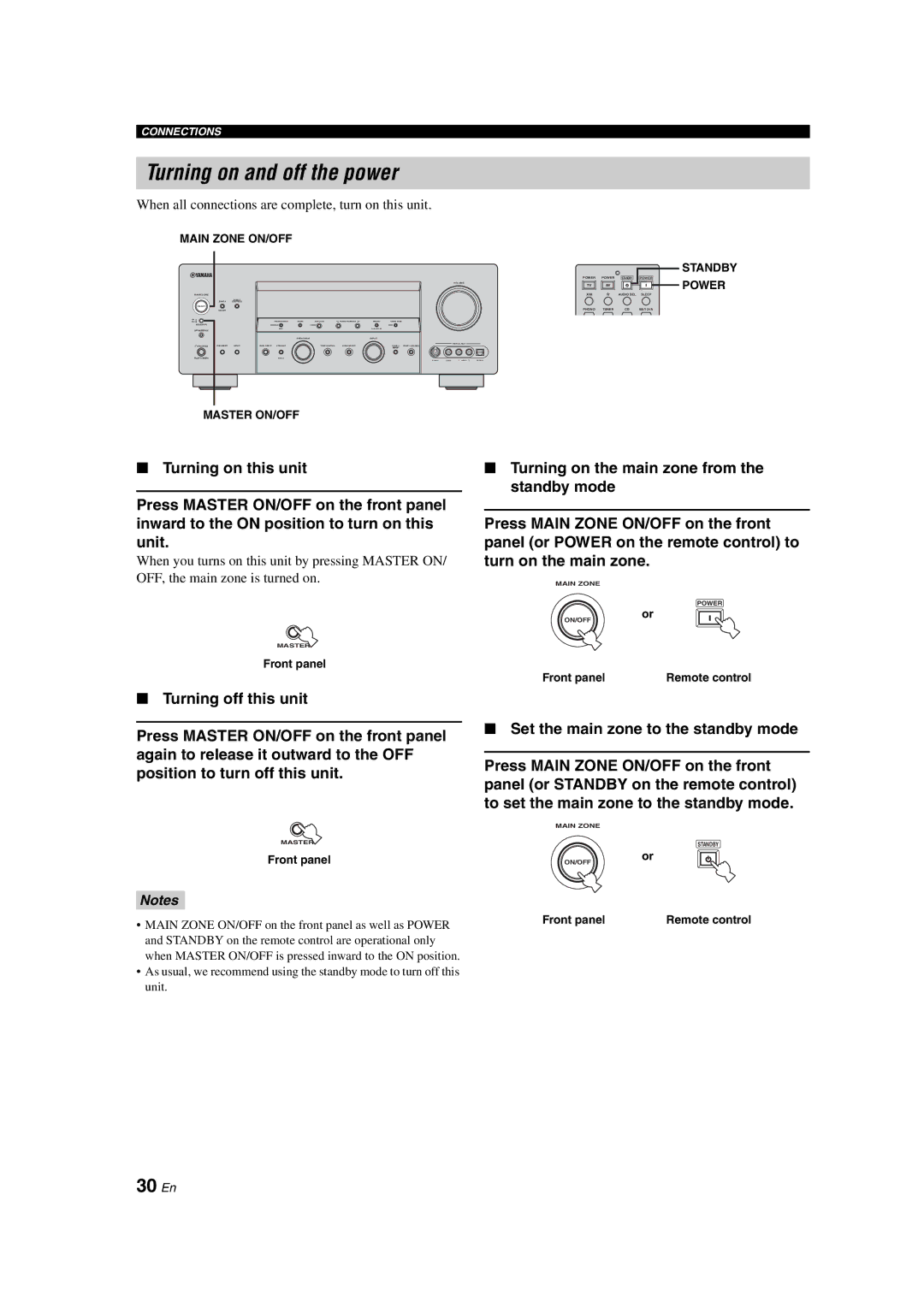 Yamaha HTR-6090 Turning on and off the power, 30 En, When all connections are complete, turn on this unit, Front panel 