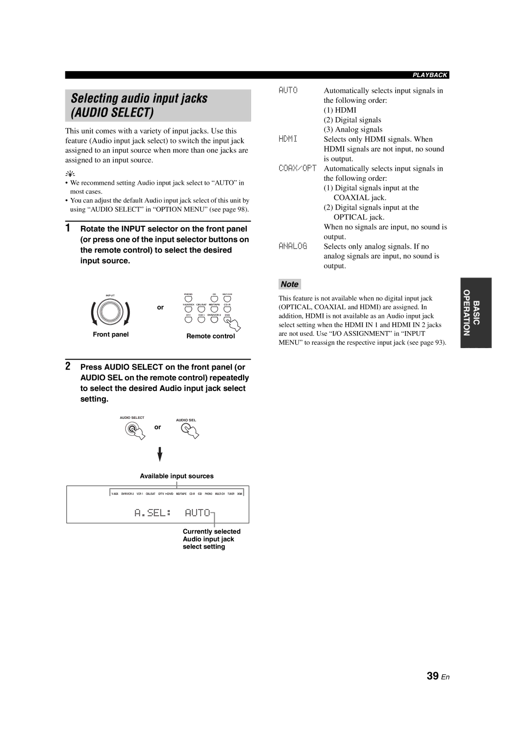 Yamaha HTR-6090 owner manual Selecting audio input jacks, 39 En, Auto 