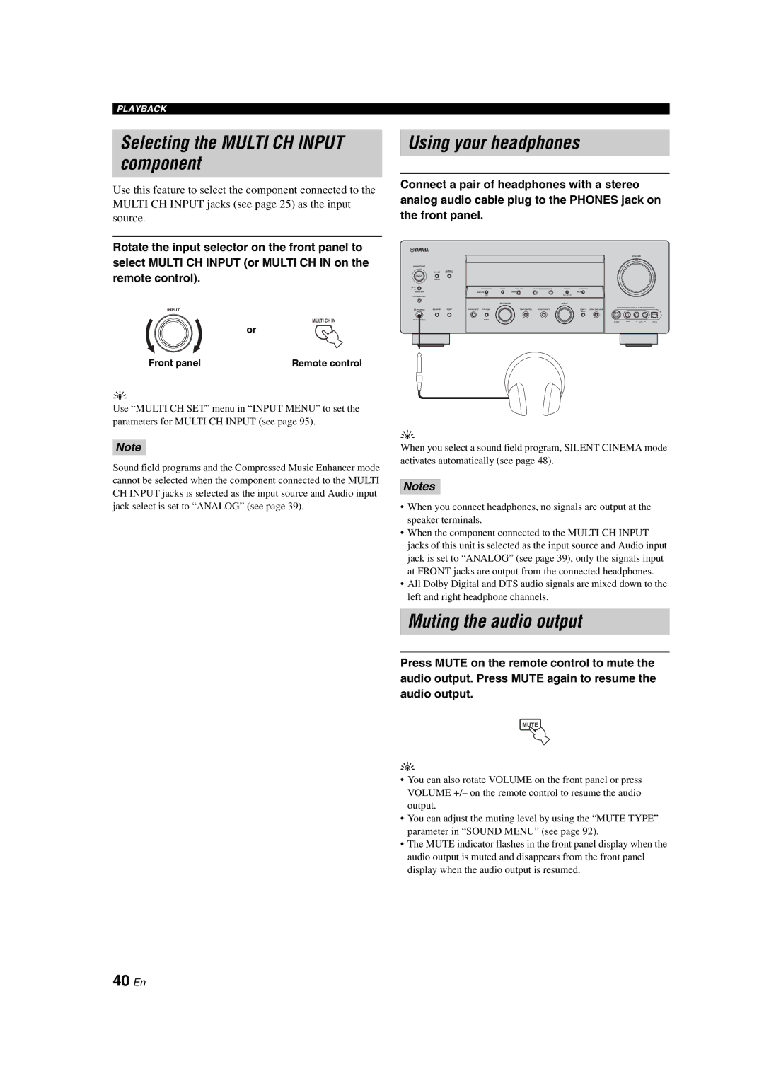 Yamaha HTR-6090 owner manual Selecting the Multi CH Input component, Using your headphones, Muting the audio output, 40 En 