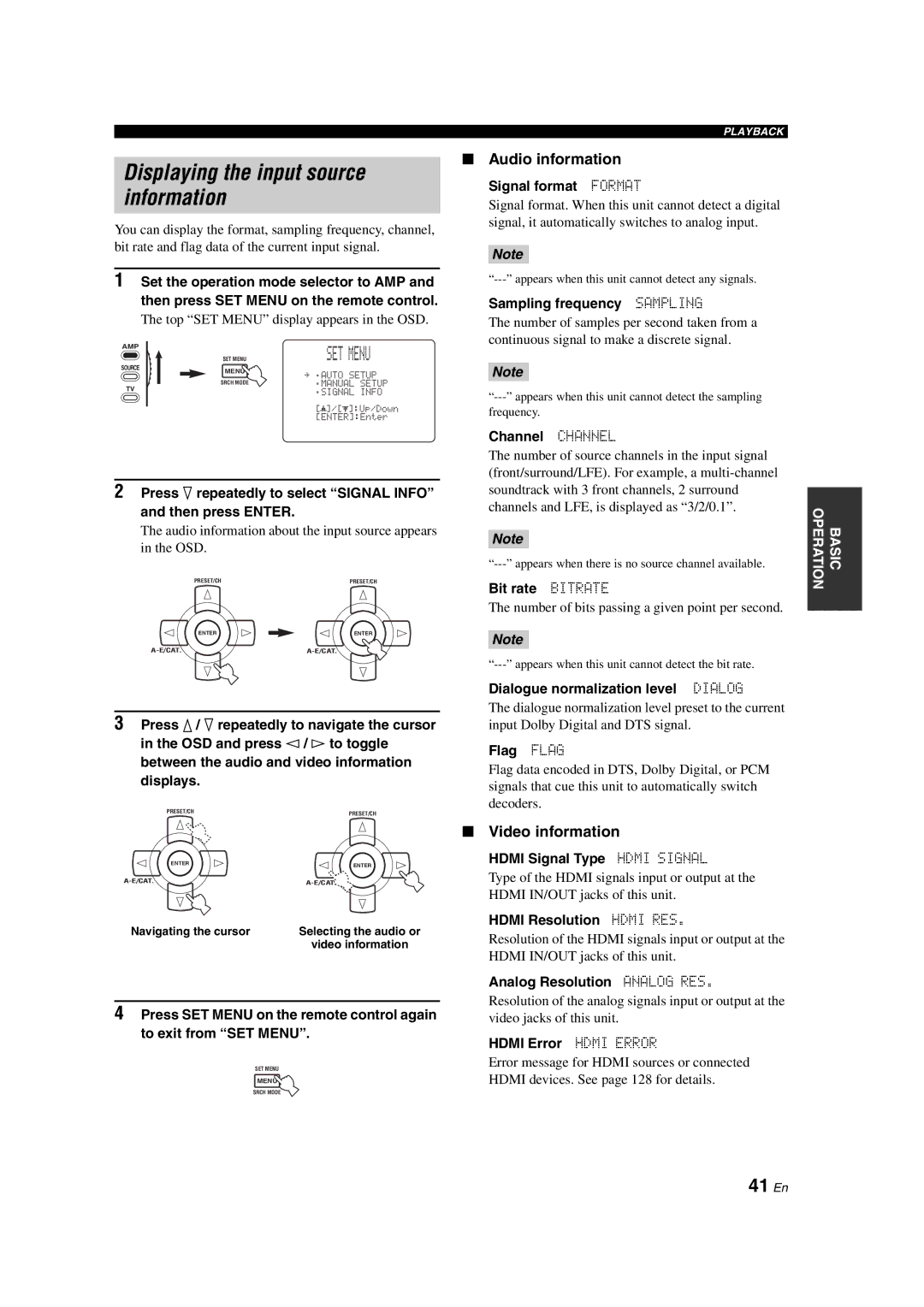 Yamaha HTR-6090 owner manual Displaying the input source, Information, 41 En, Audio information, Video information 