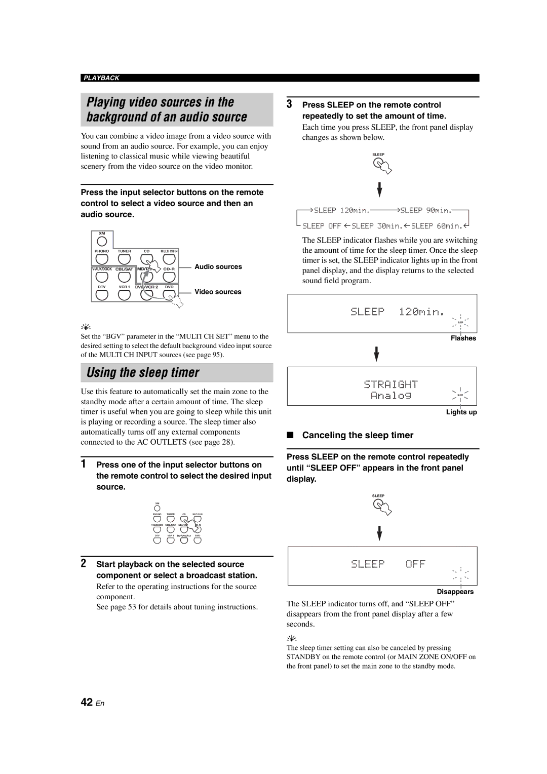 Yamaha HTR-6090 owner manual Playing video sources, Using the sleep timer, 42 En, Canceling the sleep timer 