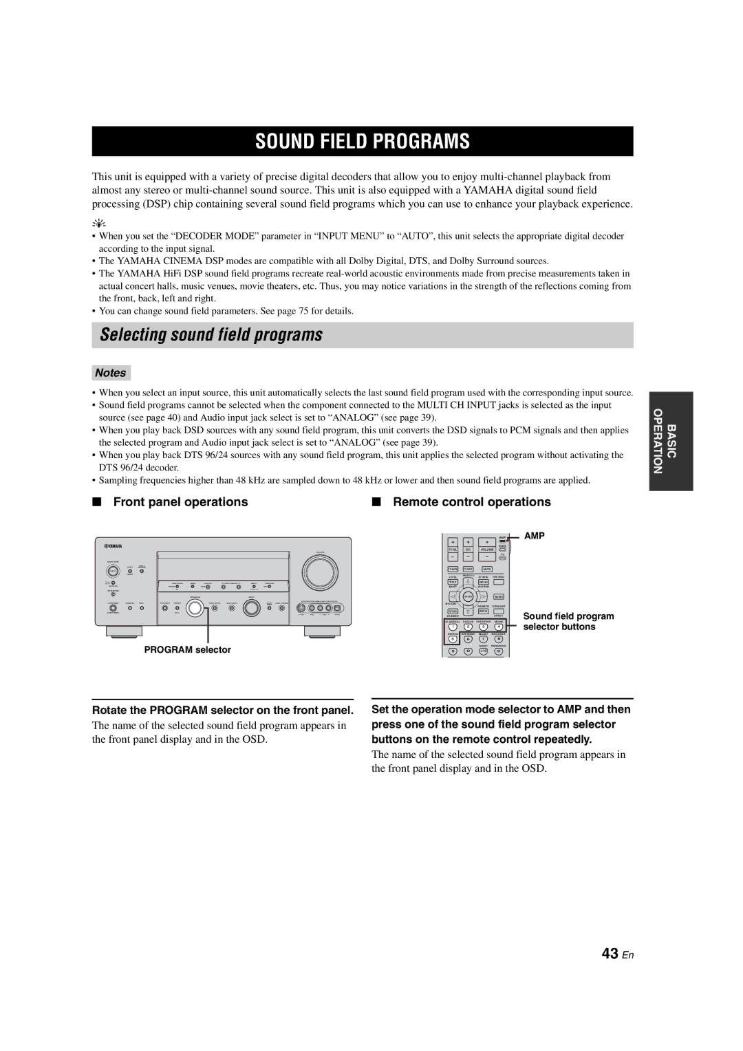 Yamaha HTR-6090 owner manual Sound Field Programs, Selecting sound field programs, 43 En 