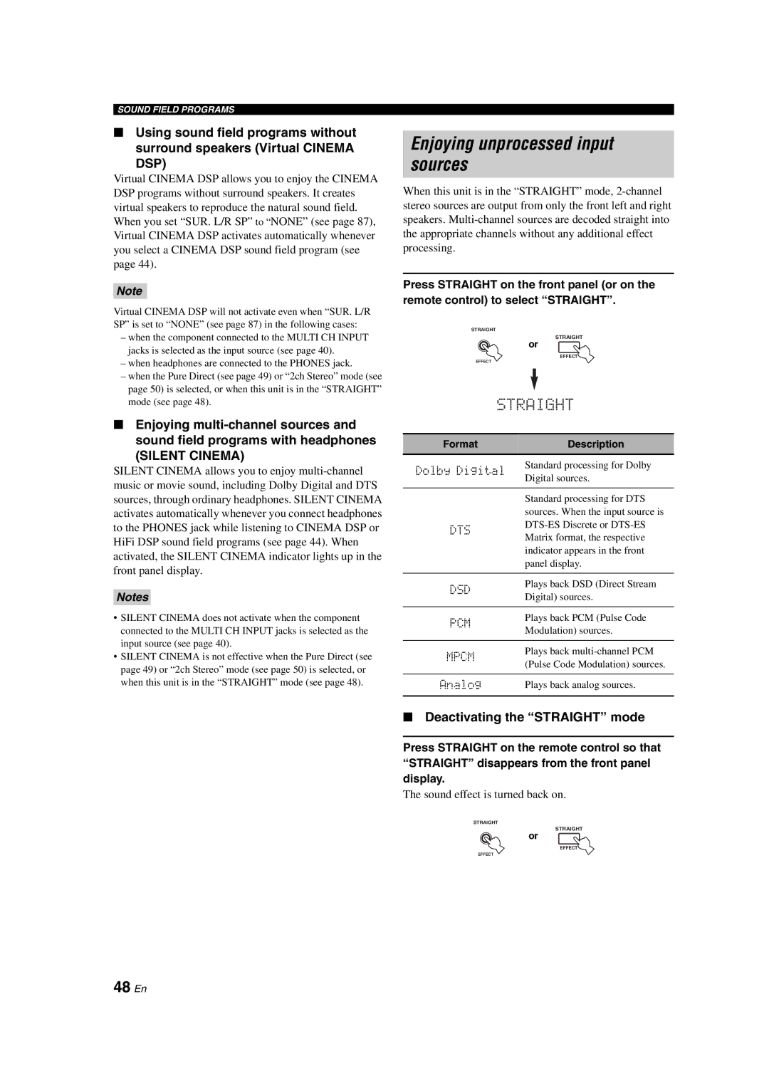 Yamaha HTR-6090 owner manual Enjoying unprocessed input sources, 48 En, Deactivating the Straight mode 