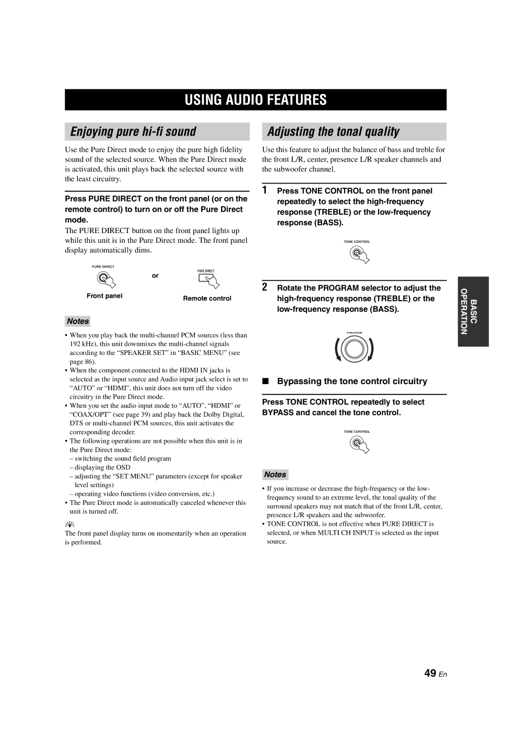 Yamaha HTR-6090 owner manual Using Audio Features, Enjoying pure hi-fi sound Adjusting the tonal quality, 49 En 