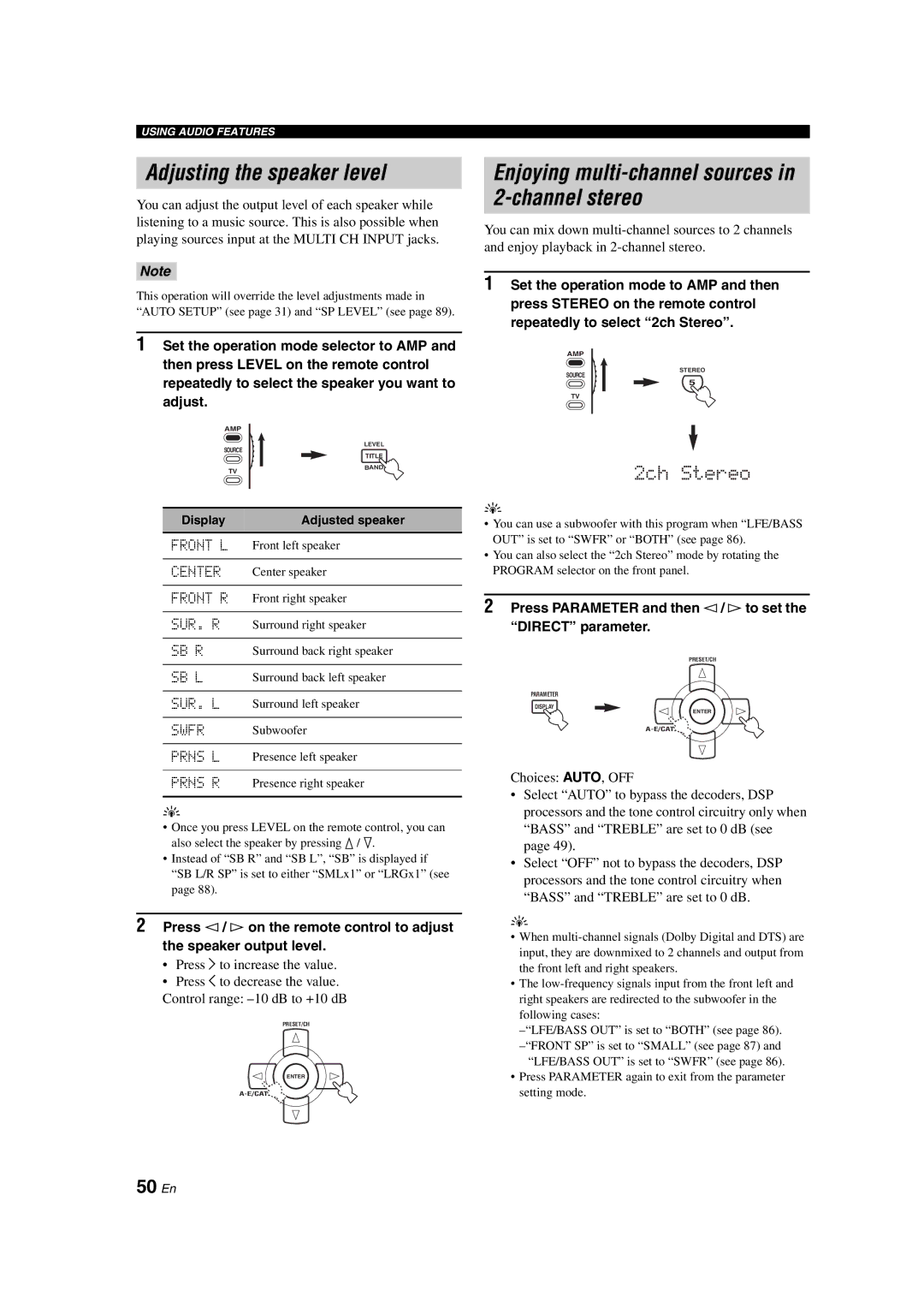 Yamaha HTR-6090 owner manual Adjusting the speaker level, Enjoying multi-channel sources in 2-channel stereo, 50 En 