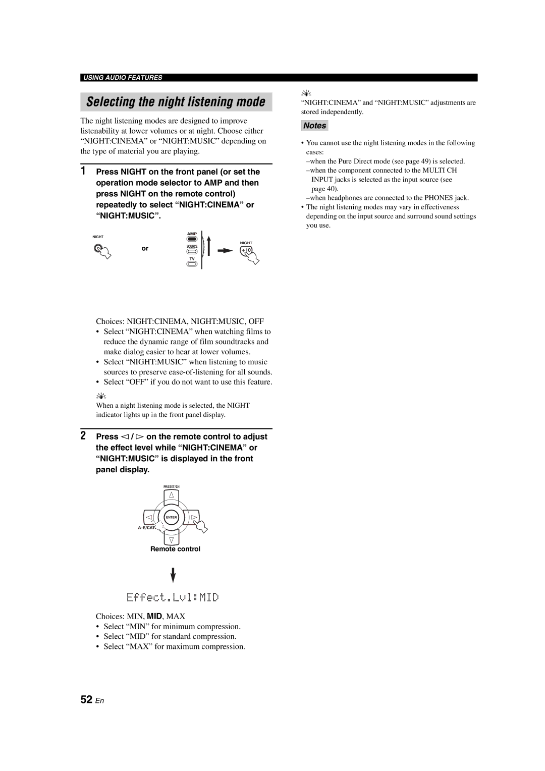 Yamaha HTR-6090 owner manual Selecting the night listening mode, 52 En 