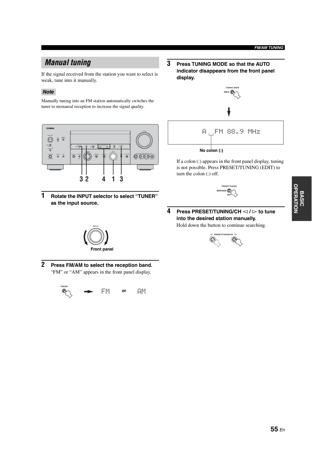 Yamaha HTR-6090 owner manual Manual tuning, 55 En, Hold down the button to continue searching, No colon 