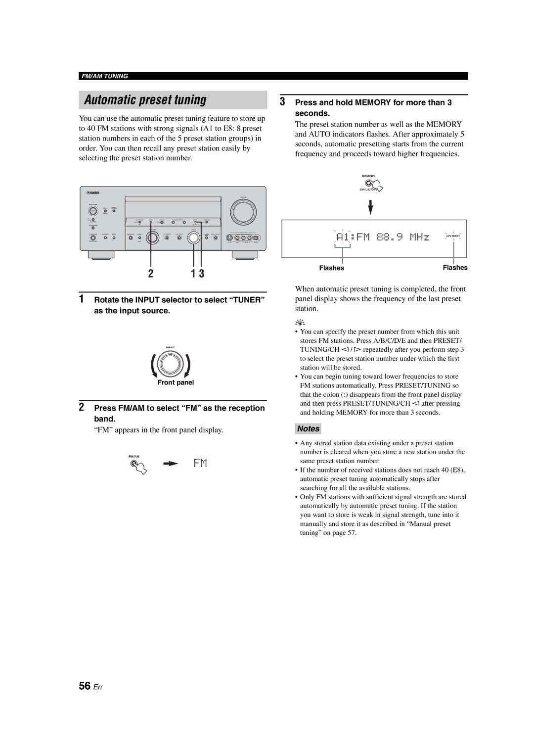 Yamaha HTR-6090 owner manual Automatic preset tuning, 56 En, Press and hold Memory for more than, Seconds 