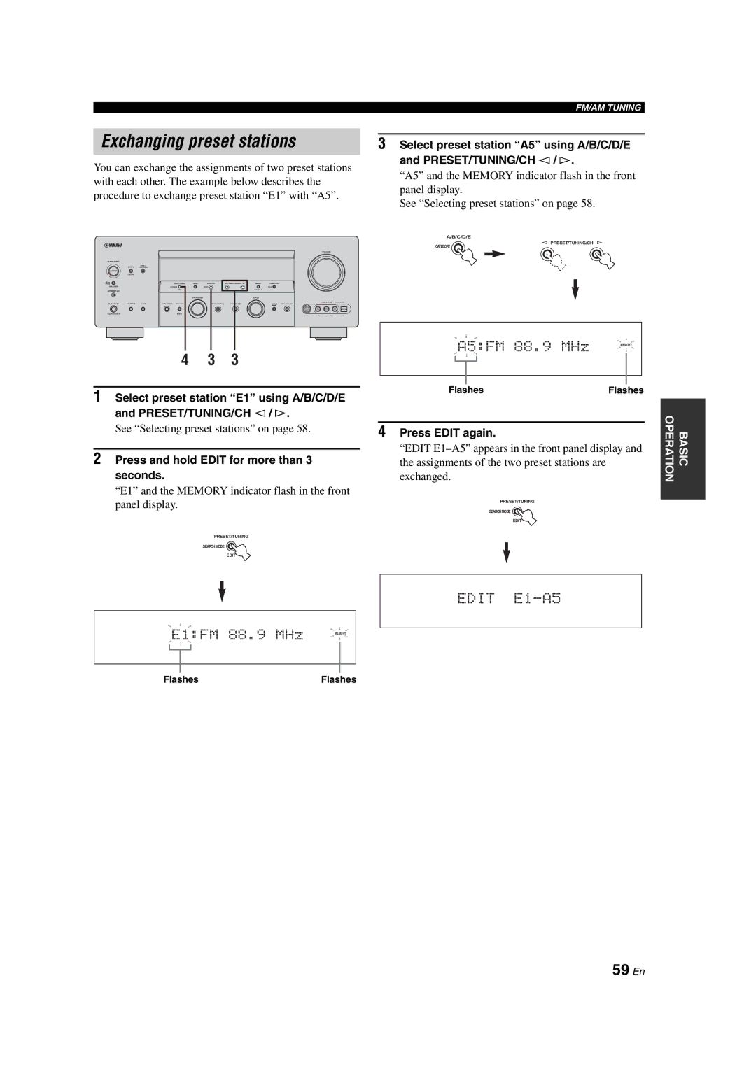 Yamaha HTR-6090 owner manual Exchanging preset stations, 59 En, See Selecting preset stations on, Press Edit again 