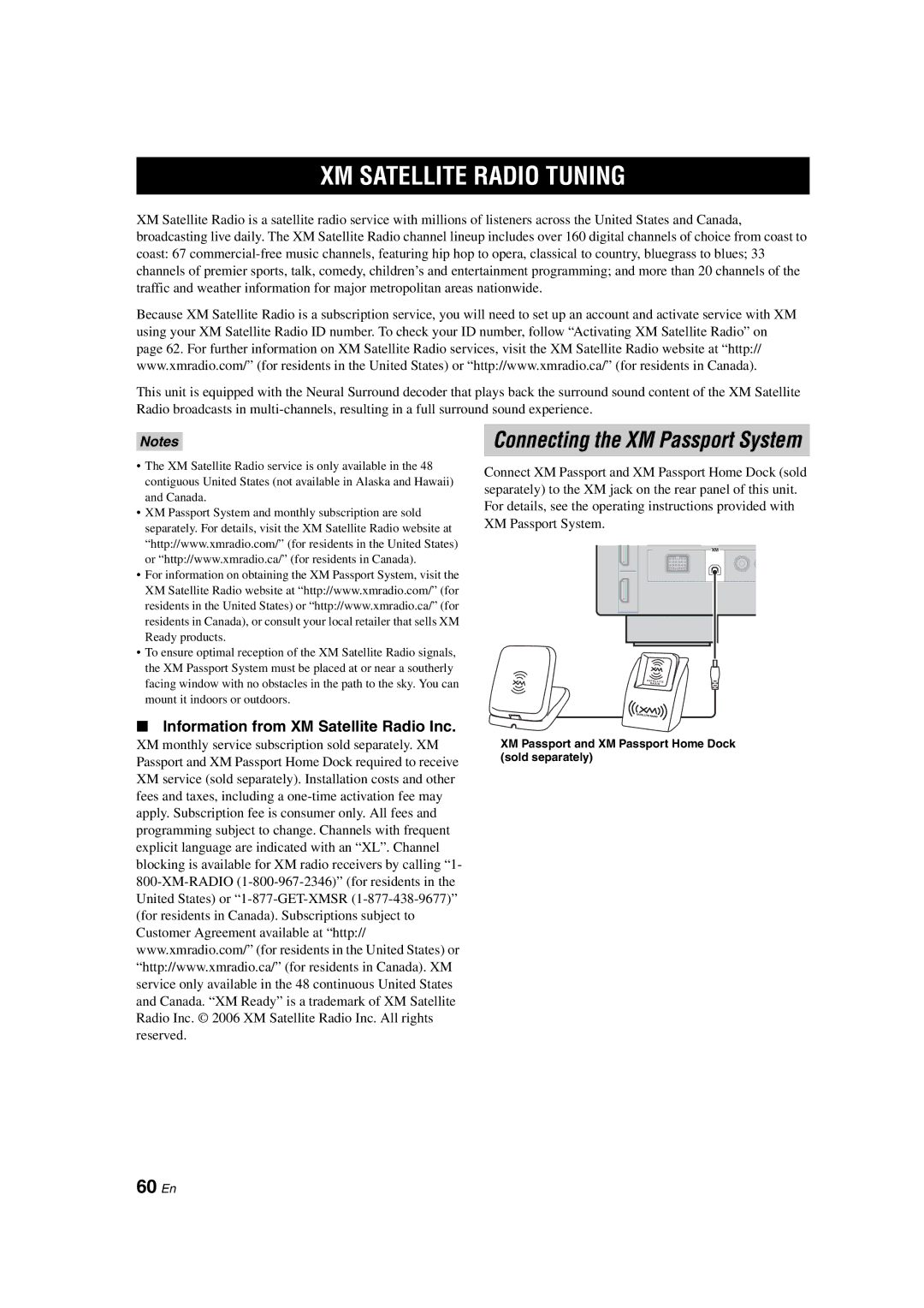 Yamaha HTR-6090 owner manual XM Satellite Radio Tuning, 60 En, Information from XM Satellite Radio Inc 