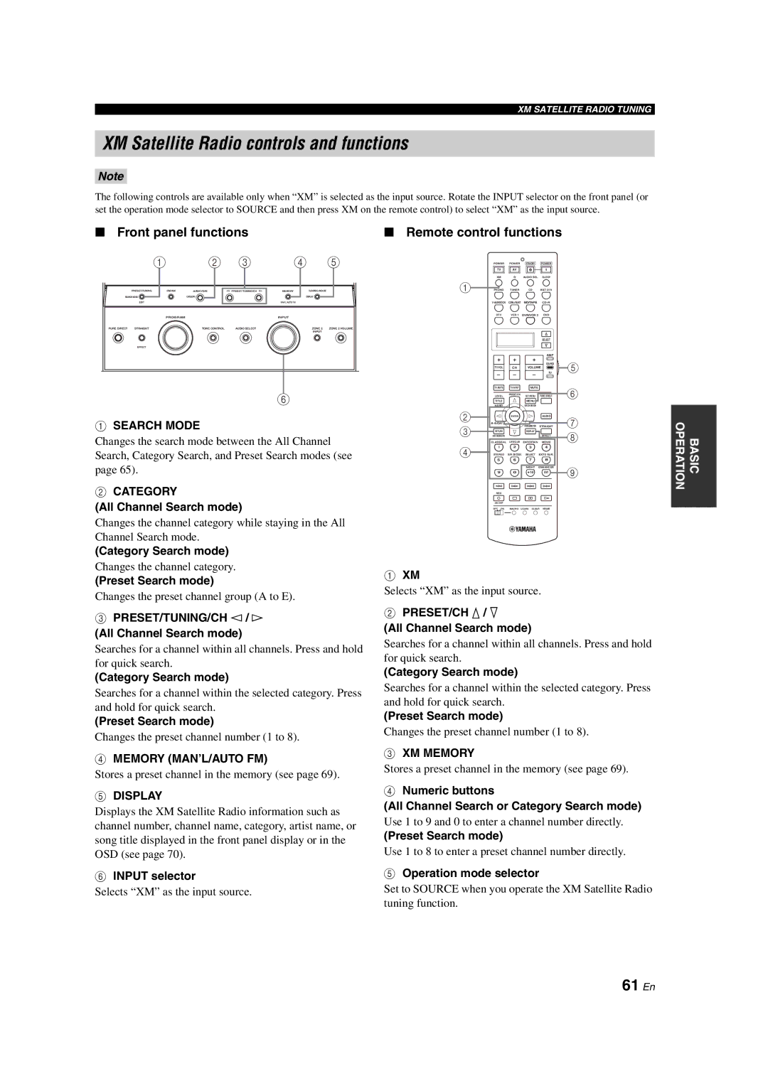 Yamaha HTR-6090 owner manual XM Satellite Radio controls and functions, 61 En 