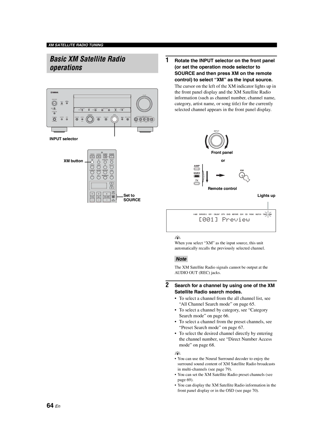 Yamaha HTR-6090 Basic XM Satellite Radio operations, 64 En, Input selector, XM button, Remote control Lights up 