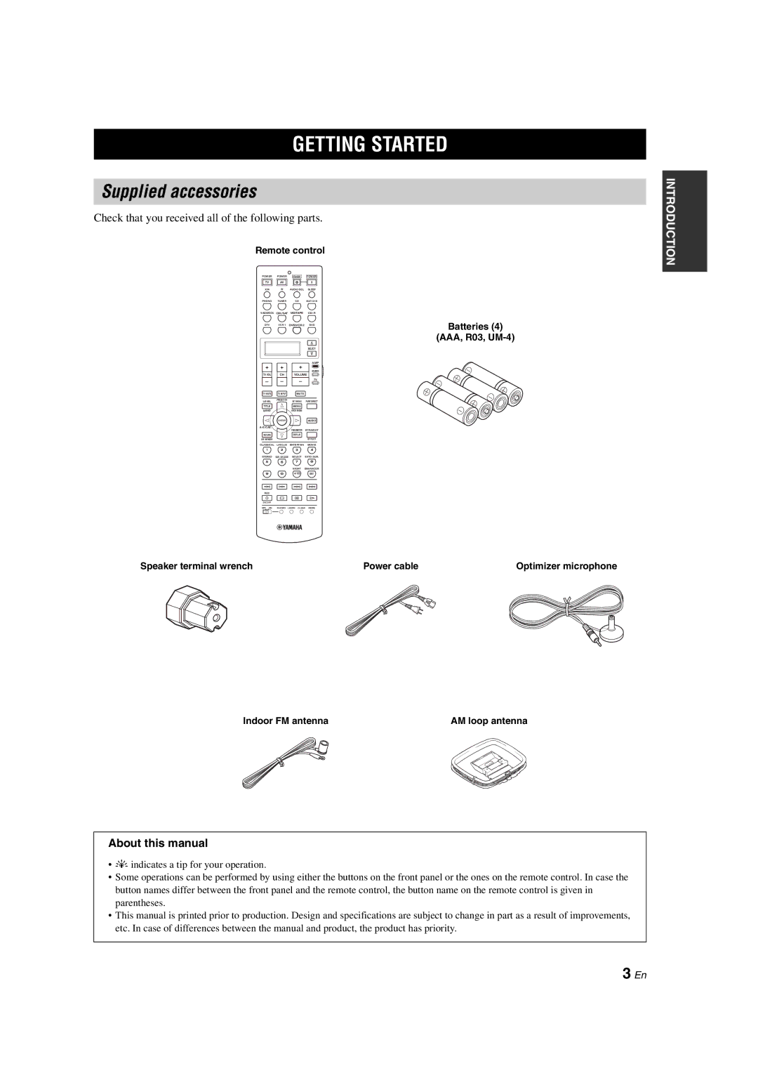 Yamaha HTR-6090 owner manual Getting Started, Supplied accessories, Check that you received all of the following parts 