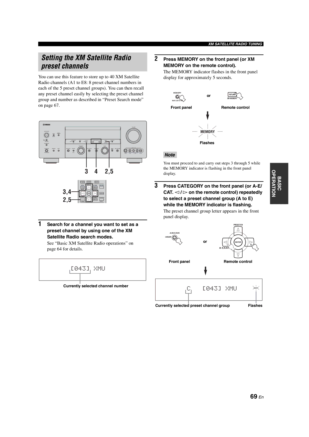 Yamaha HTR-6090 owner manual Setting the XM Satellite Radio preset channels, 69 En, Currently selected channel number 