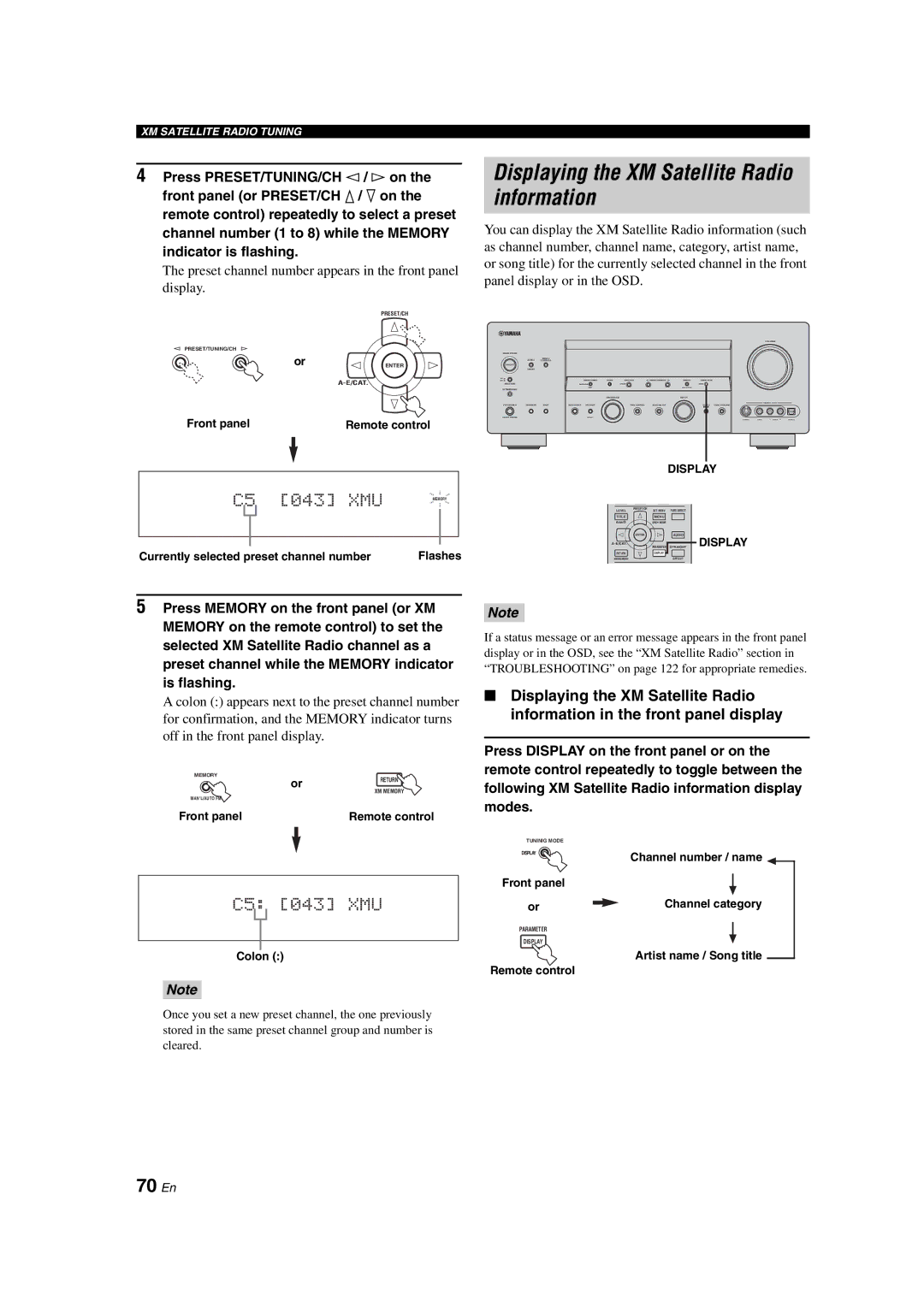 Yamaha HTR-6090 owner manual Displaying the XM Satellite Radio information, 70 En 