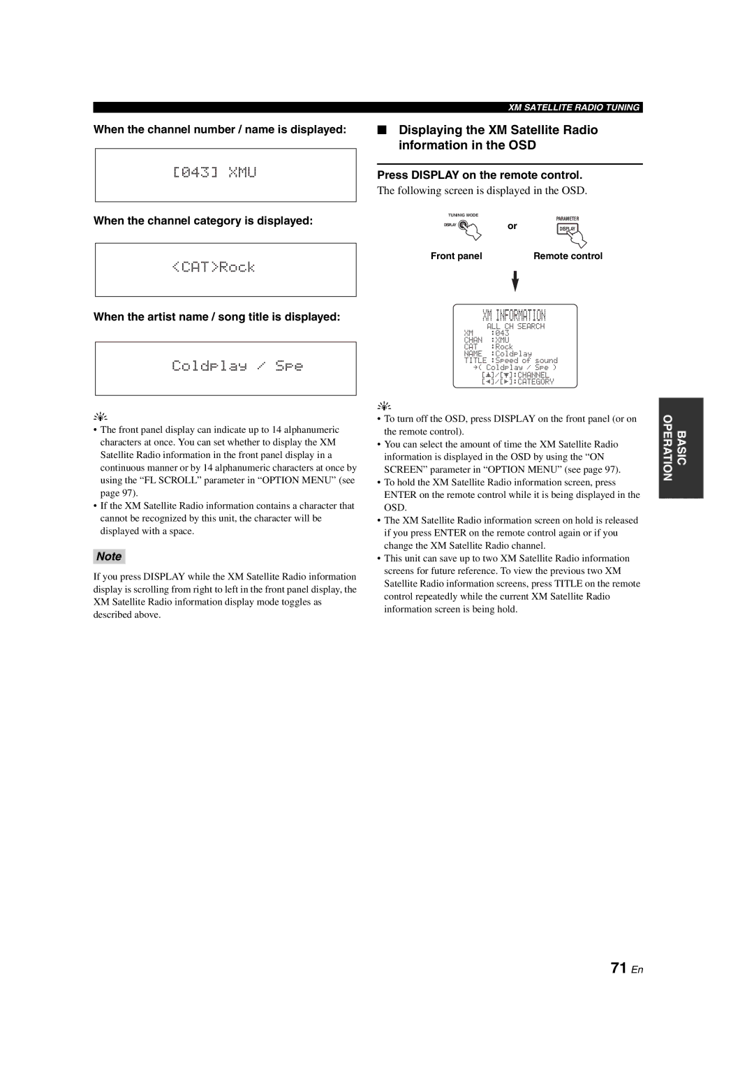 Yamaha HTR-6090 owner manual 71 En, Displaying the XM Satellite Radio information in the OSD 