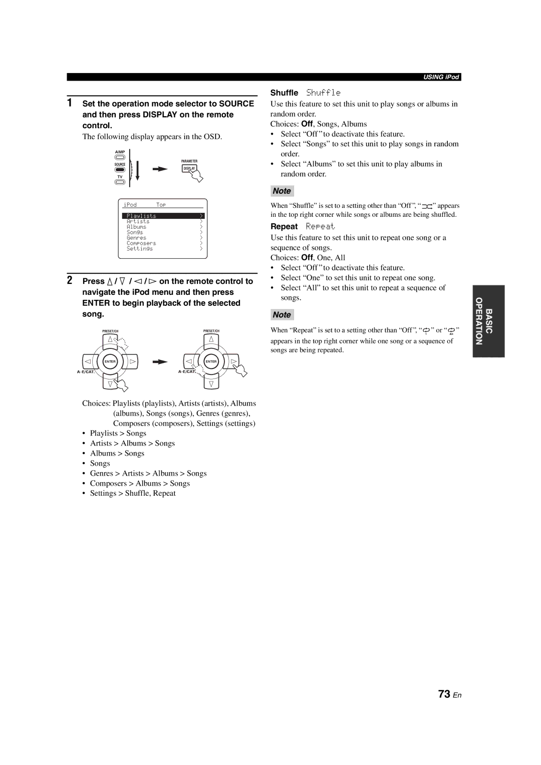 Yamaha HTR-6090 owner manual 73 En, Following display appears in the OSD, Shuffle Shuffle, Repeat Repeat 