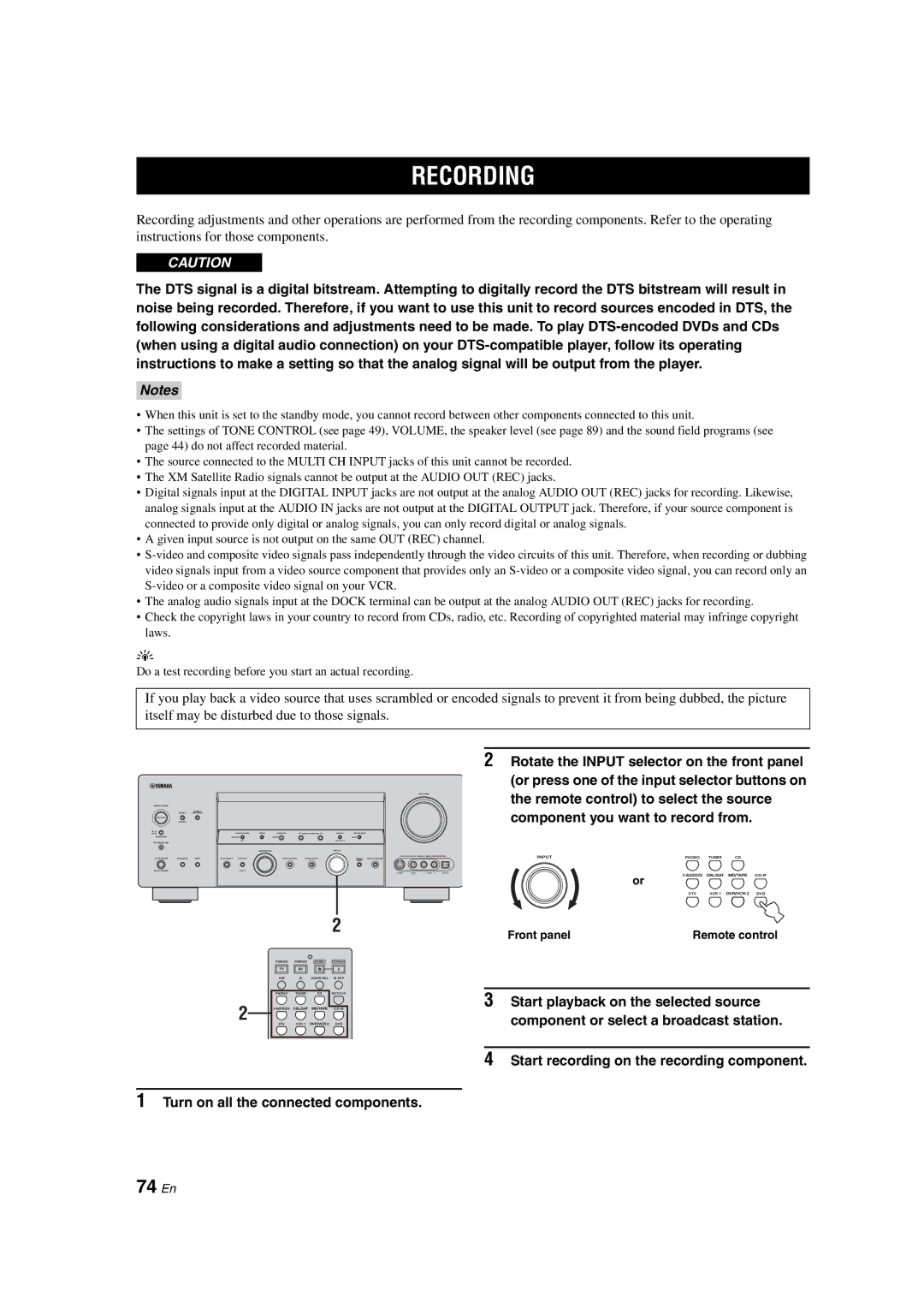 Yamaha HTR-6090 owner manual Recording, 74 En 