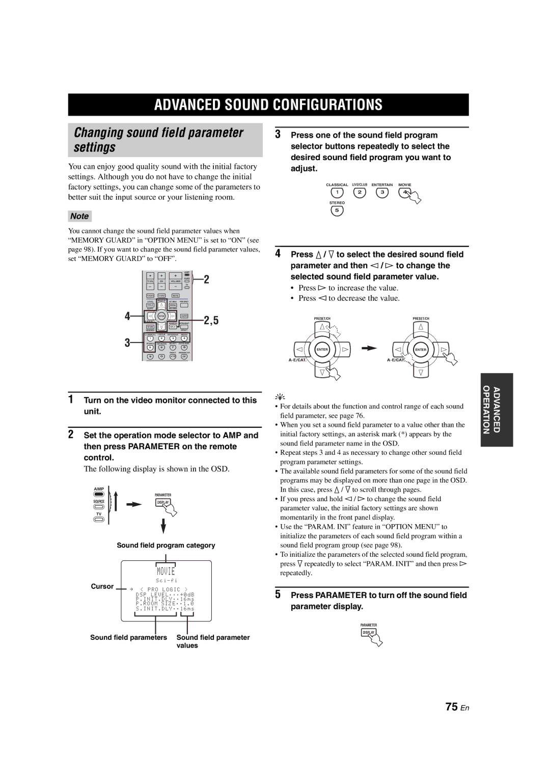 Yamaha HTR-6090 owner manual Advanced Sound Configurations, Changing sound field parameter settings, 75 En 