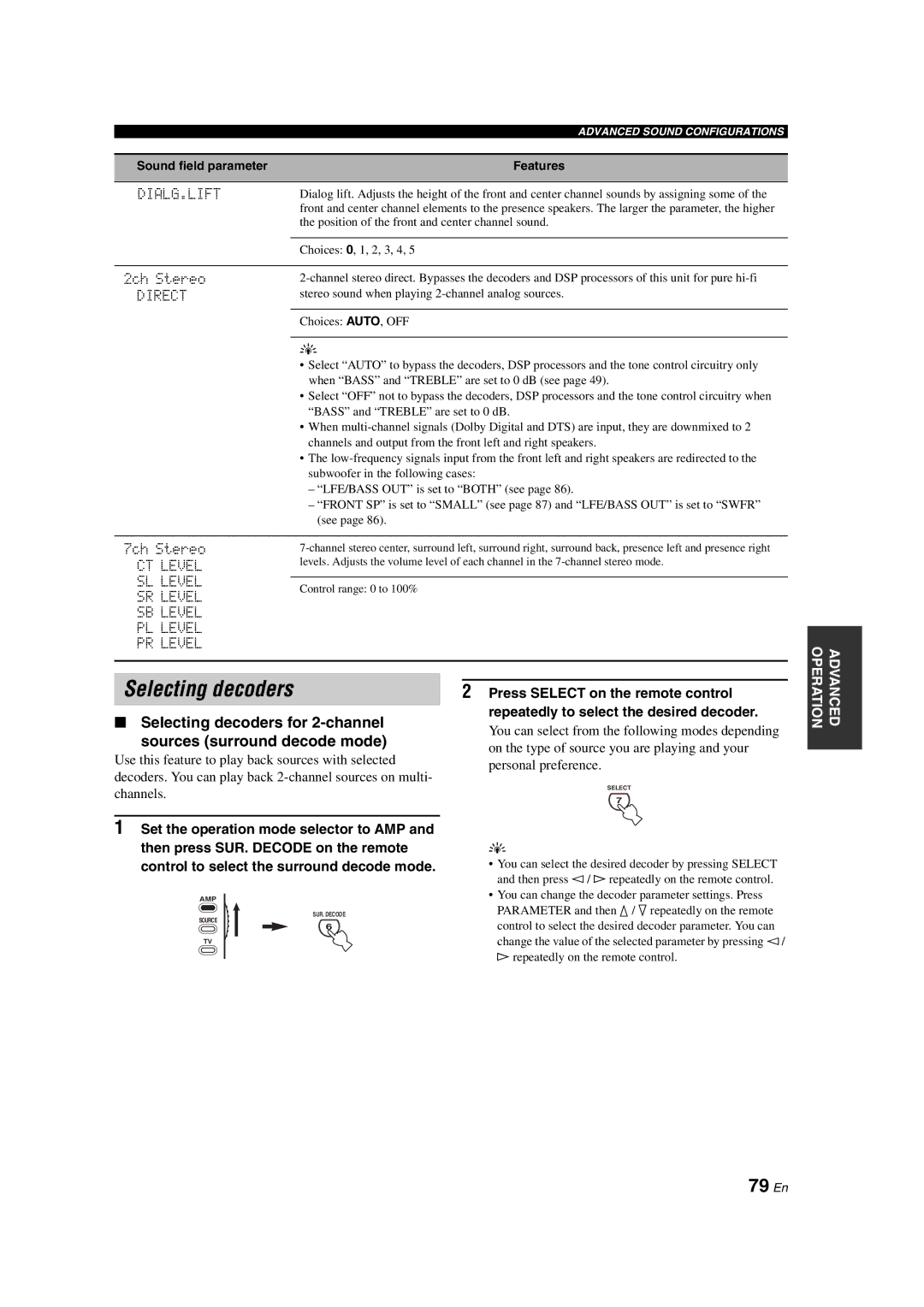 Yamaha HTR-6090 79 En, Selecting decoders for 2-channel, Sources surround decode mode, Press Select on the remote control 