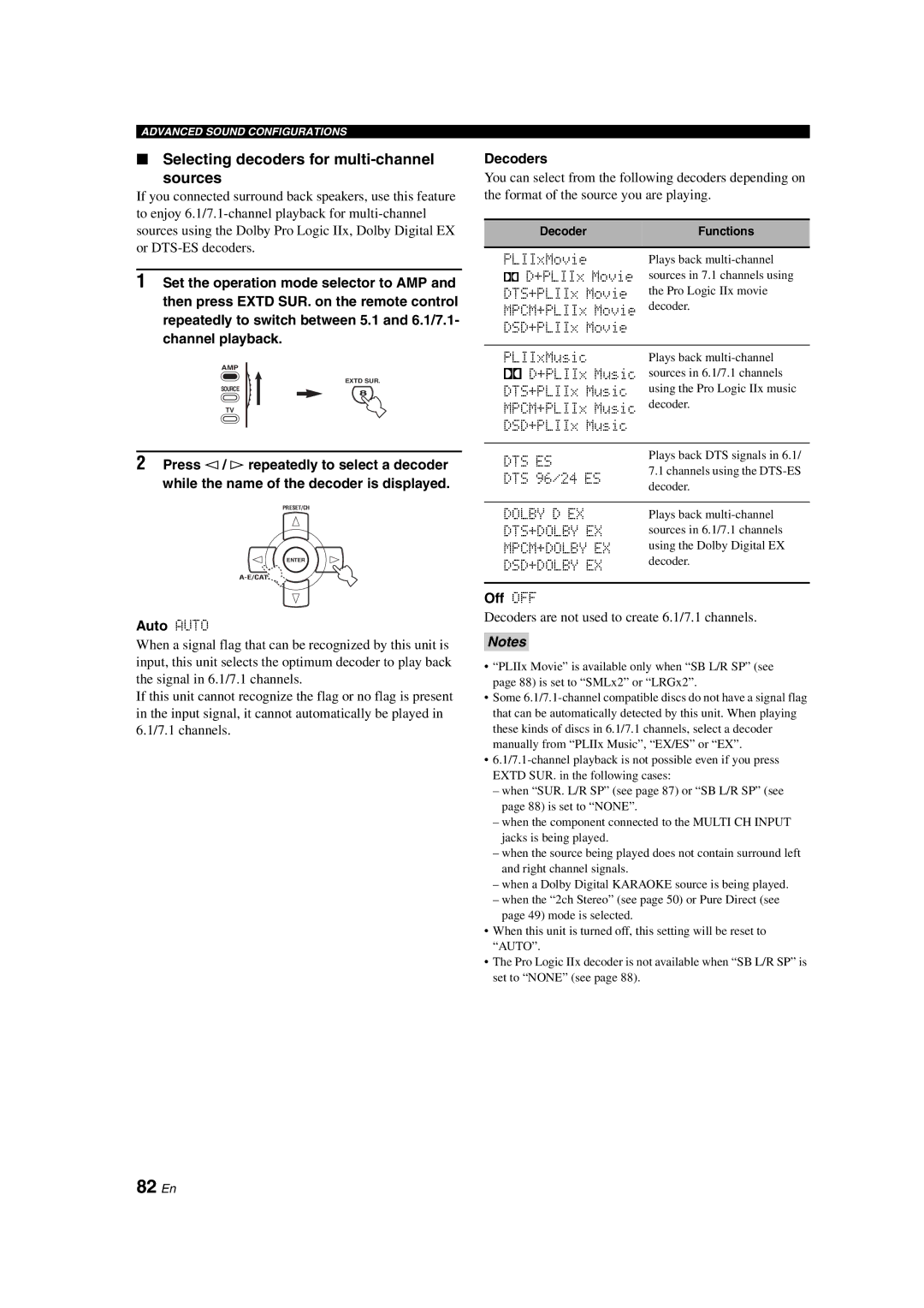 Yamaha HTR-6090 owner manual 82 En, Selecting decoders for multi-channel Sources, Auto Auto, Decoders, Off OFF 