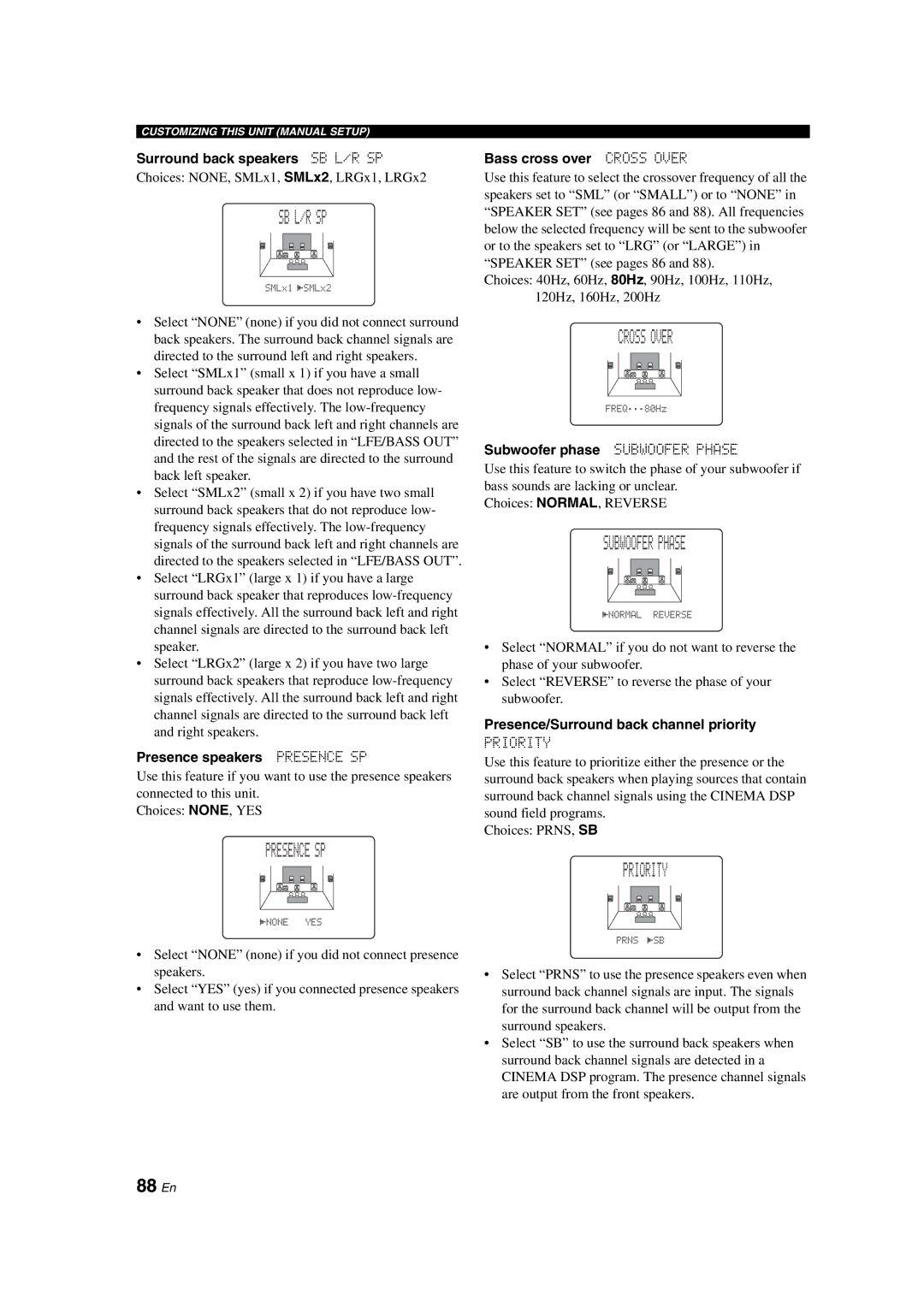 Yamaha HTR-6090 owner manual Presence SP, Cross Over, 02ASUBWOOFER Phase, Priority, 88 En 