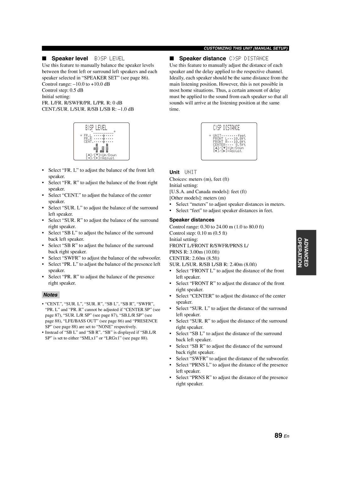 Yamaha HTR-6090 owner manual 89 En, Speaker level BSP Level, Speaker distance CSP Distance 