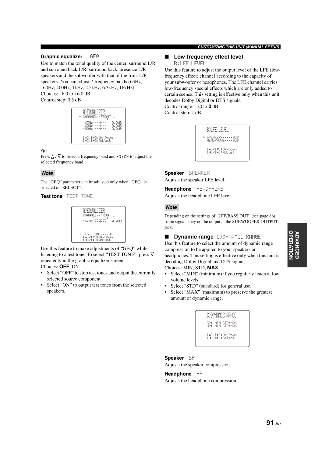 Yamaha HTR-6090 owner manual Cdynamic Range, 91 En, Low-frequency effect level 