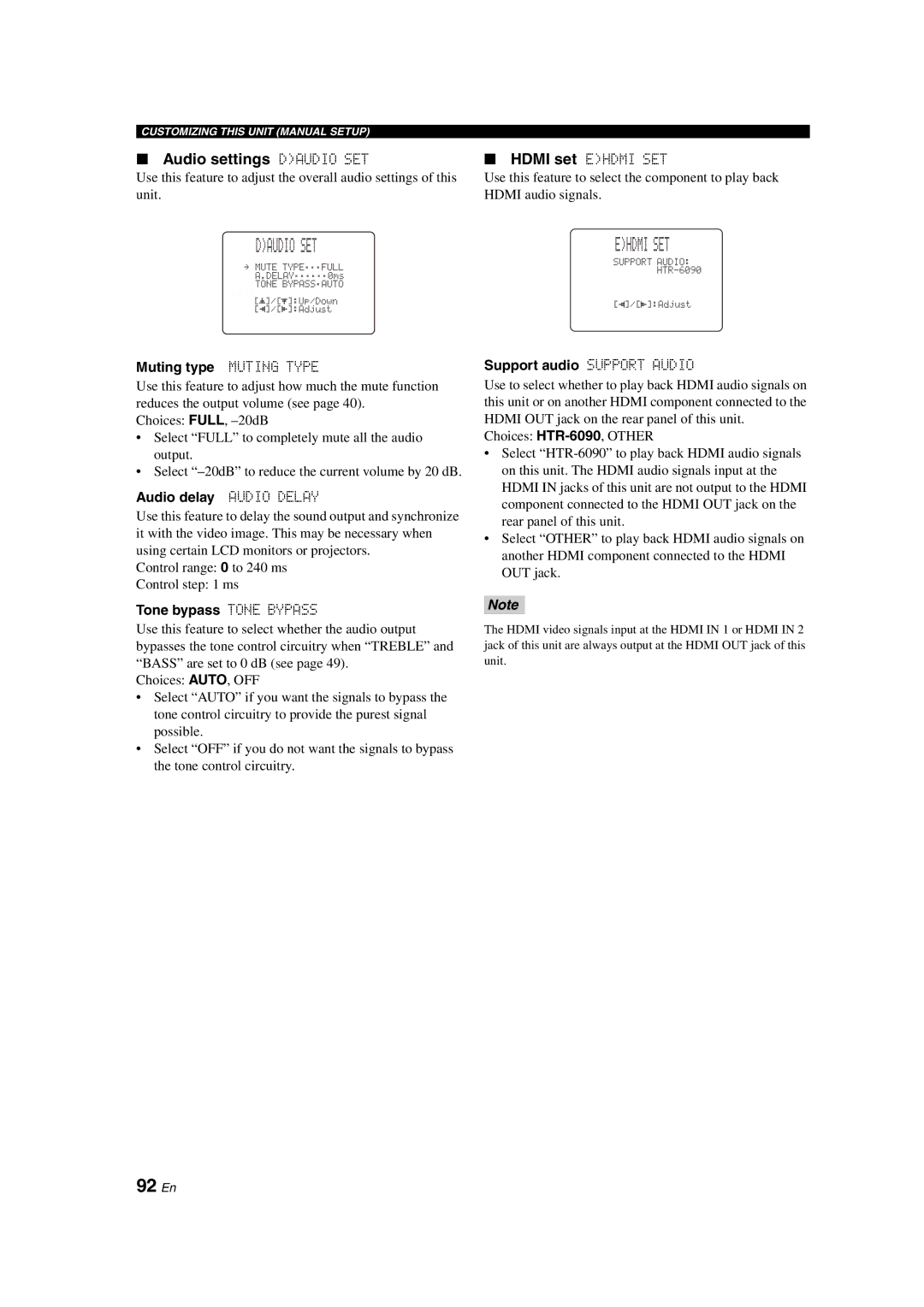 Yamaha HTR-6090 owner manual Ehdmi SET, 92 En, Audio settings Daudio SET 