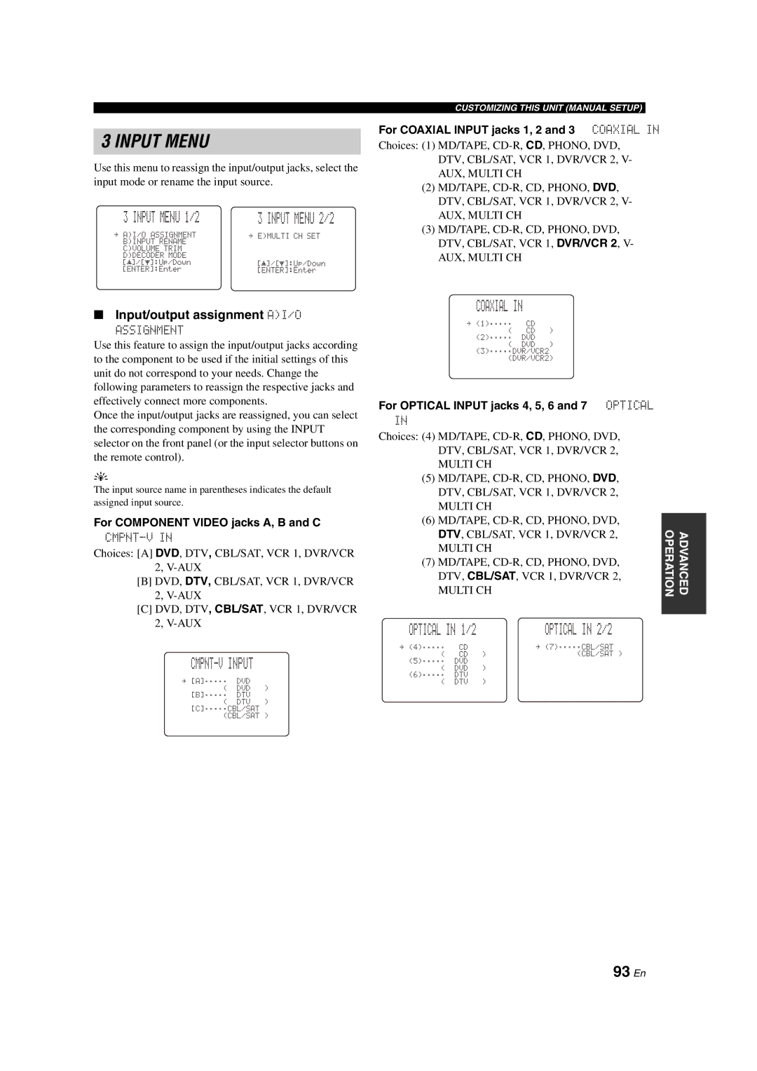 Yamaha HTR-6090 owner manual CMPNT-V Input, Coaxial, Optical, 93 En, Input/output assignment AI/O 