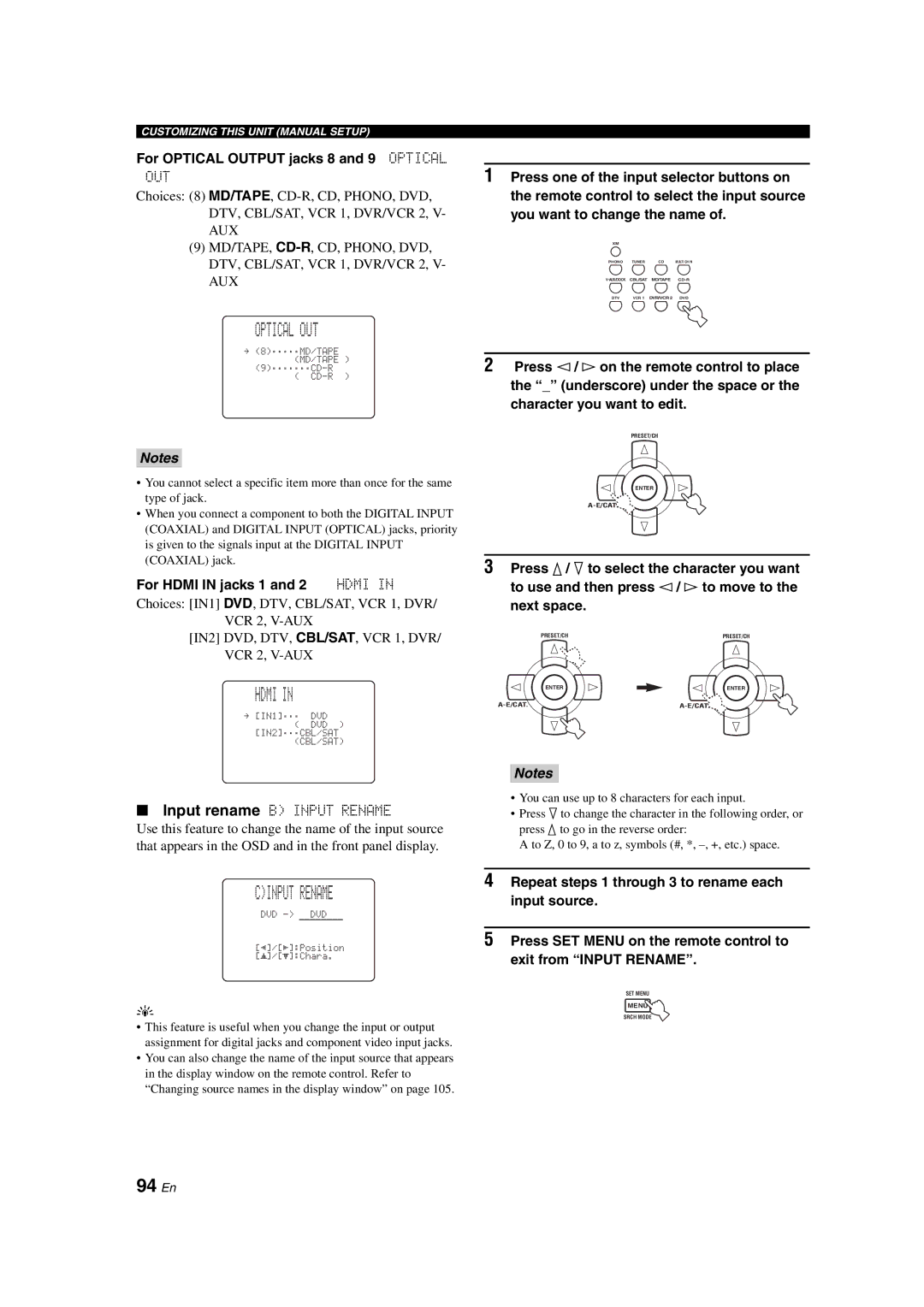 Yamaha HTR-6090 owner manual Optical OUT, Hdmi, Cinput Rename, 94 En 