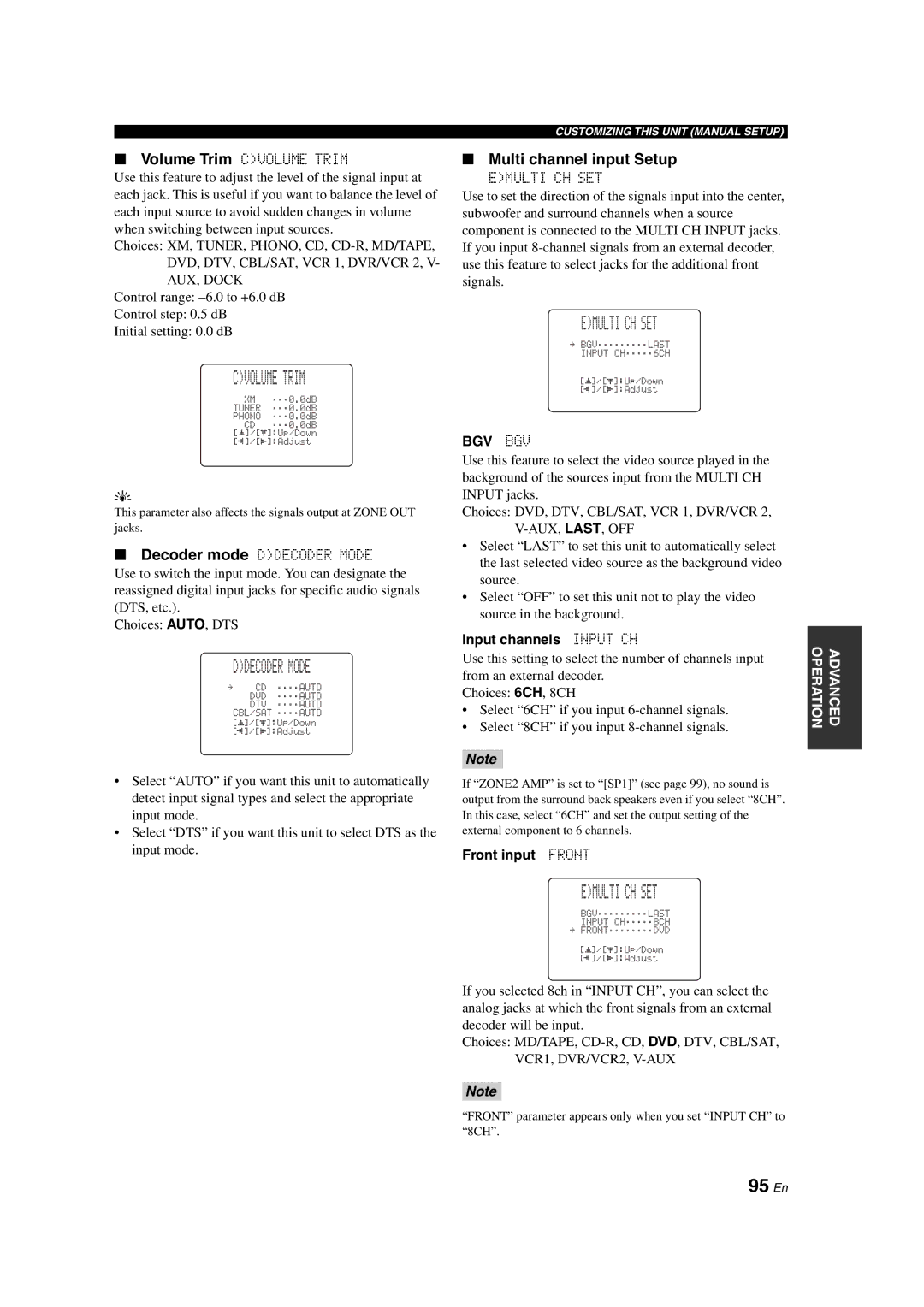 Yamaha HTR-6090 owner manual Cvolume Trim, Ddecoder Mode, Emulti CH SET, 95 En, Multi channel input Setup 