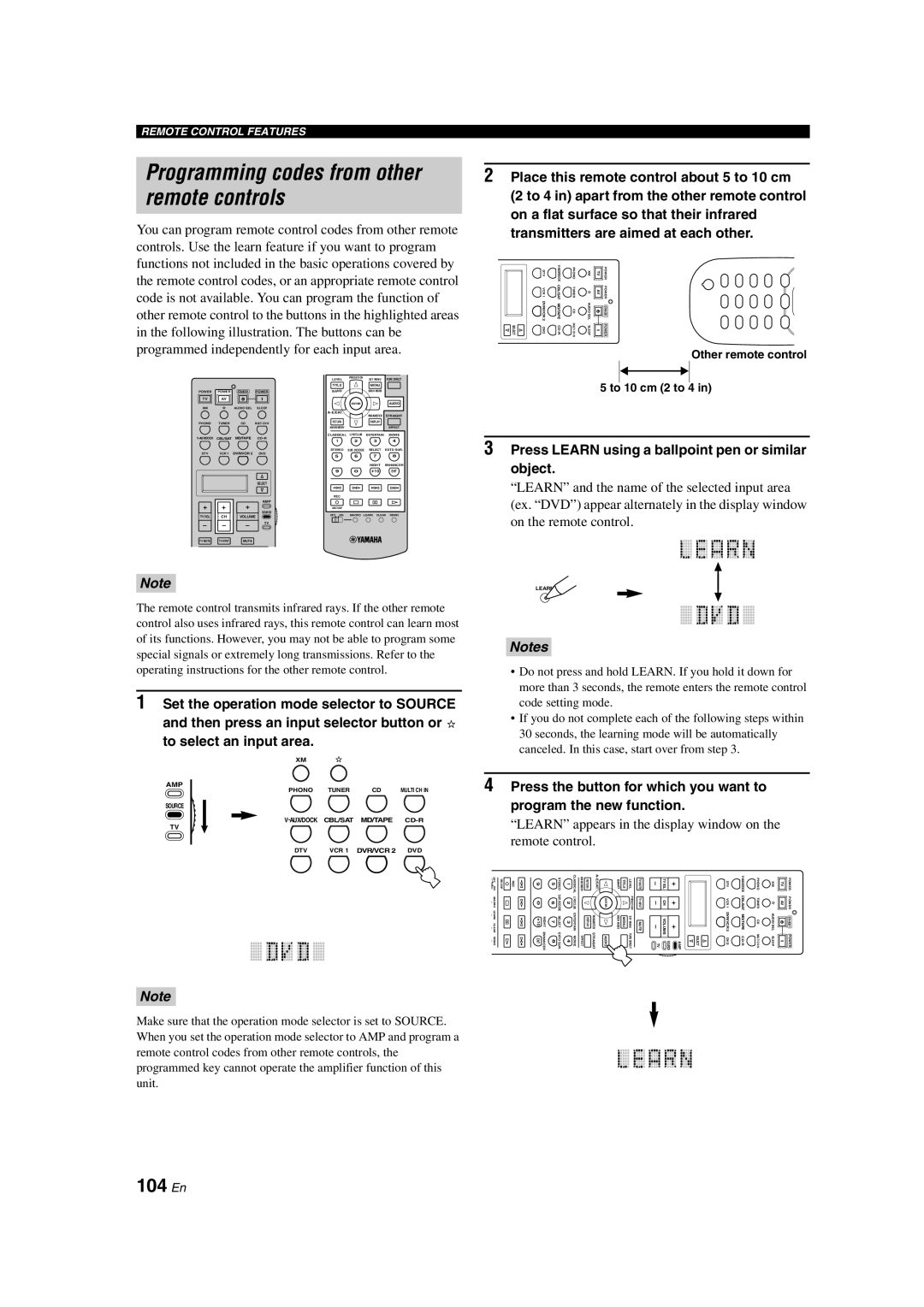 Yamaha HTR-6090 remote controls, Programming codes from other, 104 En, in the following illustration. The buttons can be 